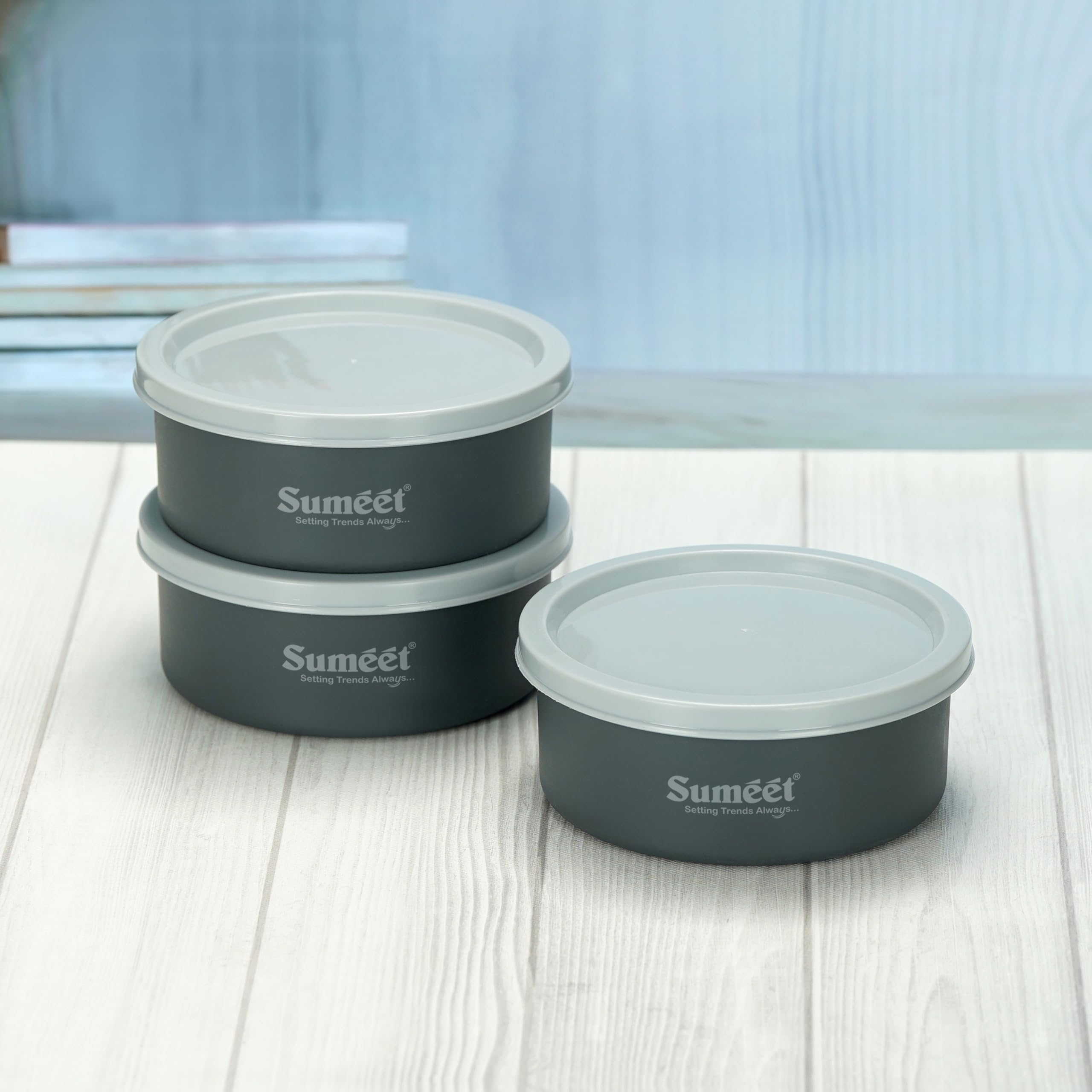 Sumeet Microwave Safe Stainless Steel Air Tight & Leak Proof Lunch Boxes Storage Containers With Lids For Kitchen Office School  420Ml  Set Of 3  Grey