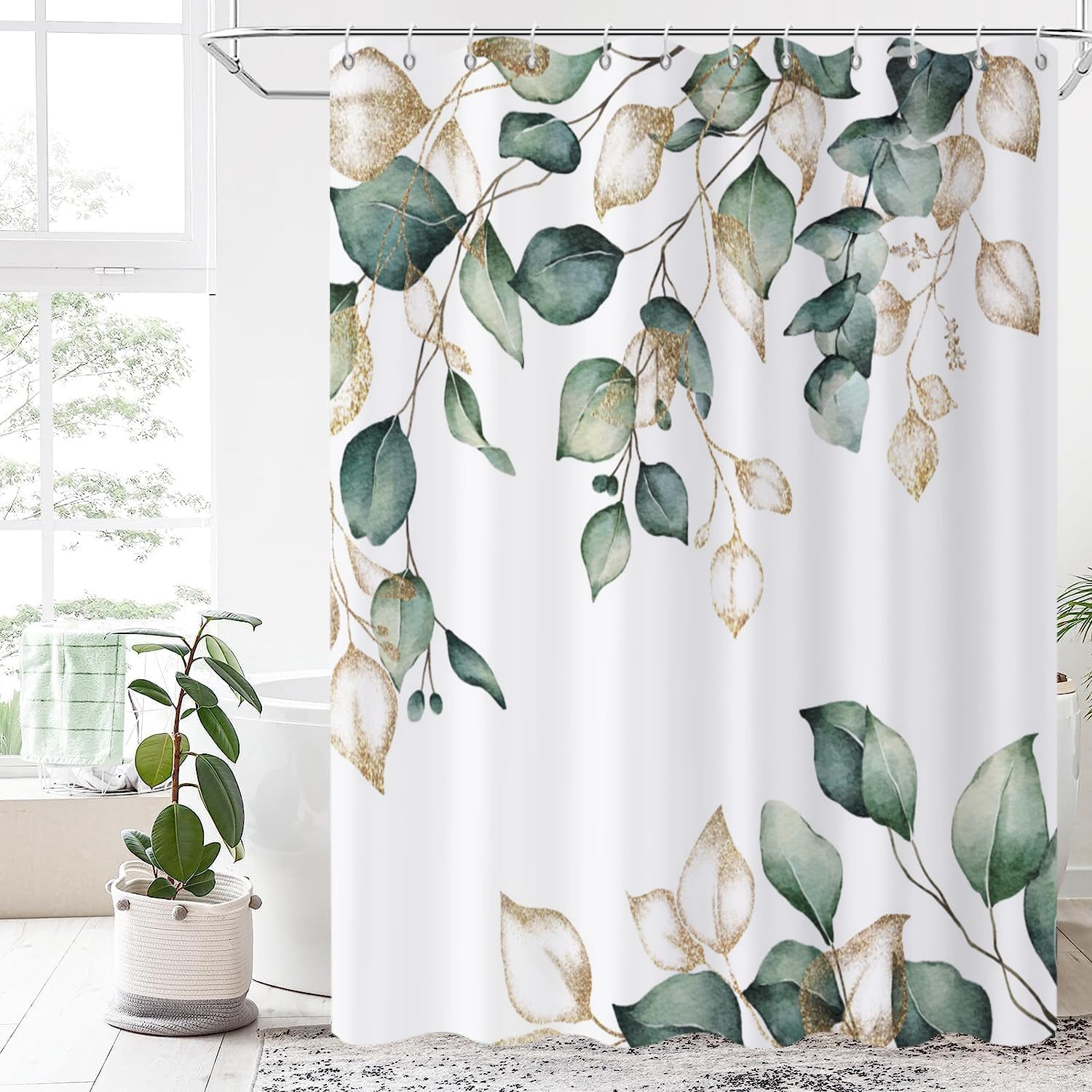 Caheansi Sage Green Leaf Shower Curtain, Green And Gold Eucalyptus Leaf Botanical Watercolor Plants Spring Bathroom Curtain Wate
