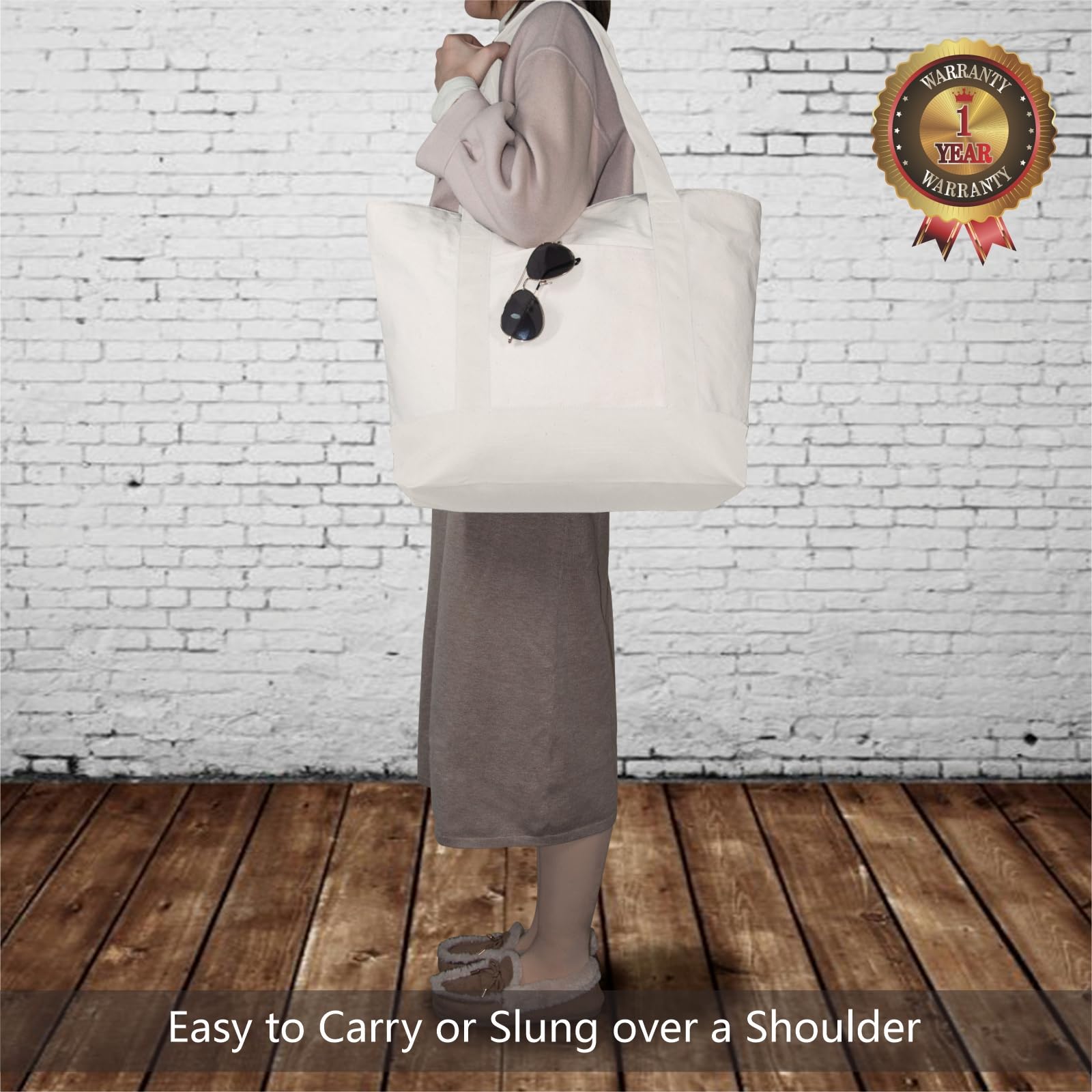 Topdesign 30-Pack Stylish Canvas Tote Bag With An External Pocket, Top Zipper Closure, Daily Essentials (Natural)