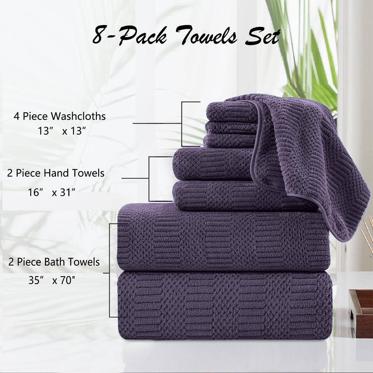 8 Piece Oversized Purple Bath Towel Set-2 Extra Large Bath Towel Sheets 2 Hand Towels 4 Washcloths-600GSM Soft Highly Absorbent Quick Dry Beach Chair Towels Woven Towels for Bathroom Hotel and Spa