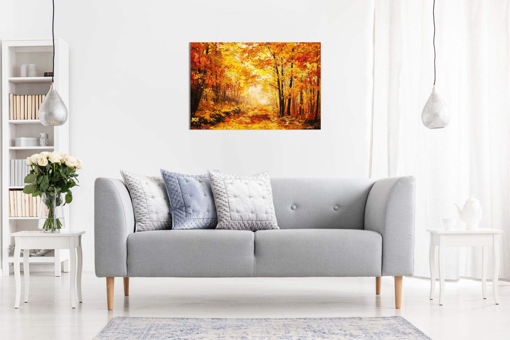 Abstract Vivid Oil Painting Colourful Orange Yellow Autumn Forest Leaves Canvas Wall Art Picture Print (24X16In)