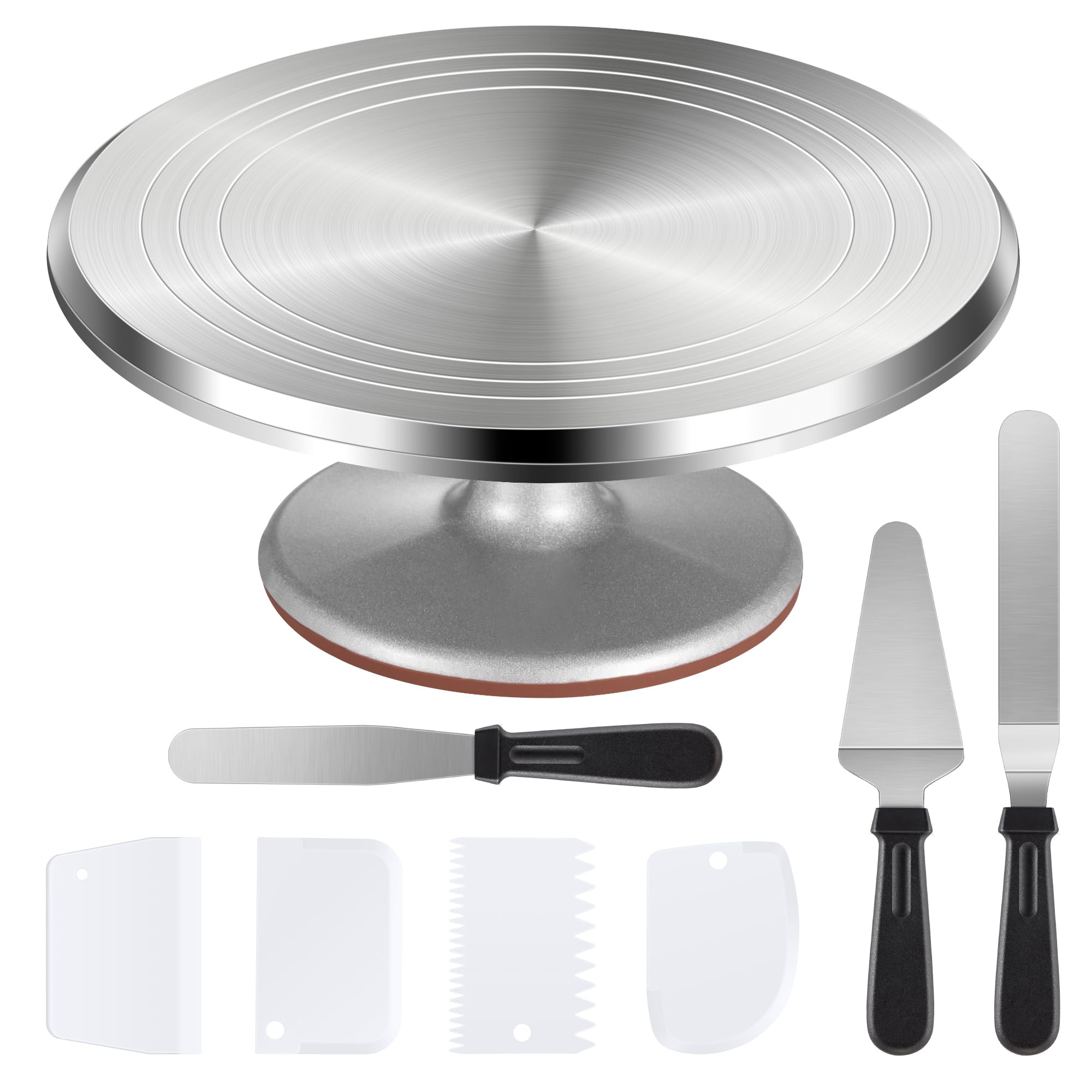 Puroma 12'' Aluminium Alloy Cake Turntable with 3 Spatulas & 4 Combs, White - Cake Decorating Supplies, Model CT162