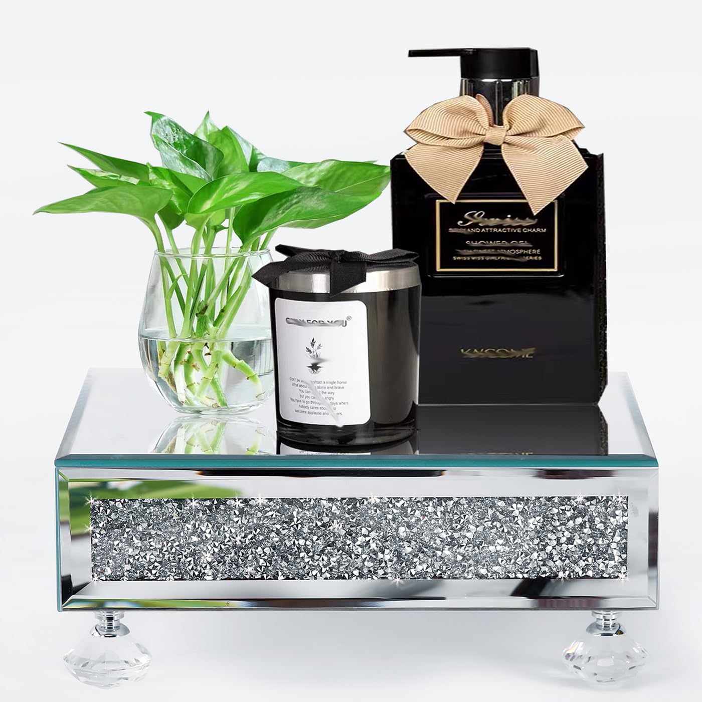 TACIDON Glass Mirrored Riser for Kitchen Sink, Bathroom Counter Modern Decor. Crystal Pedestal Stand for Displays. Crushed Diamo