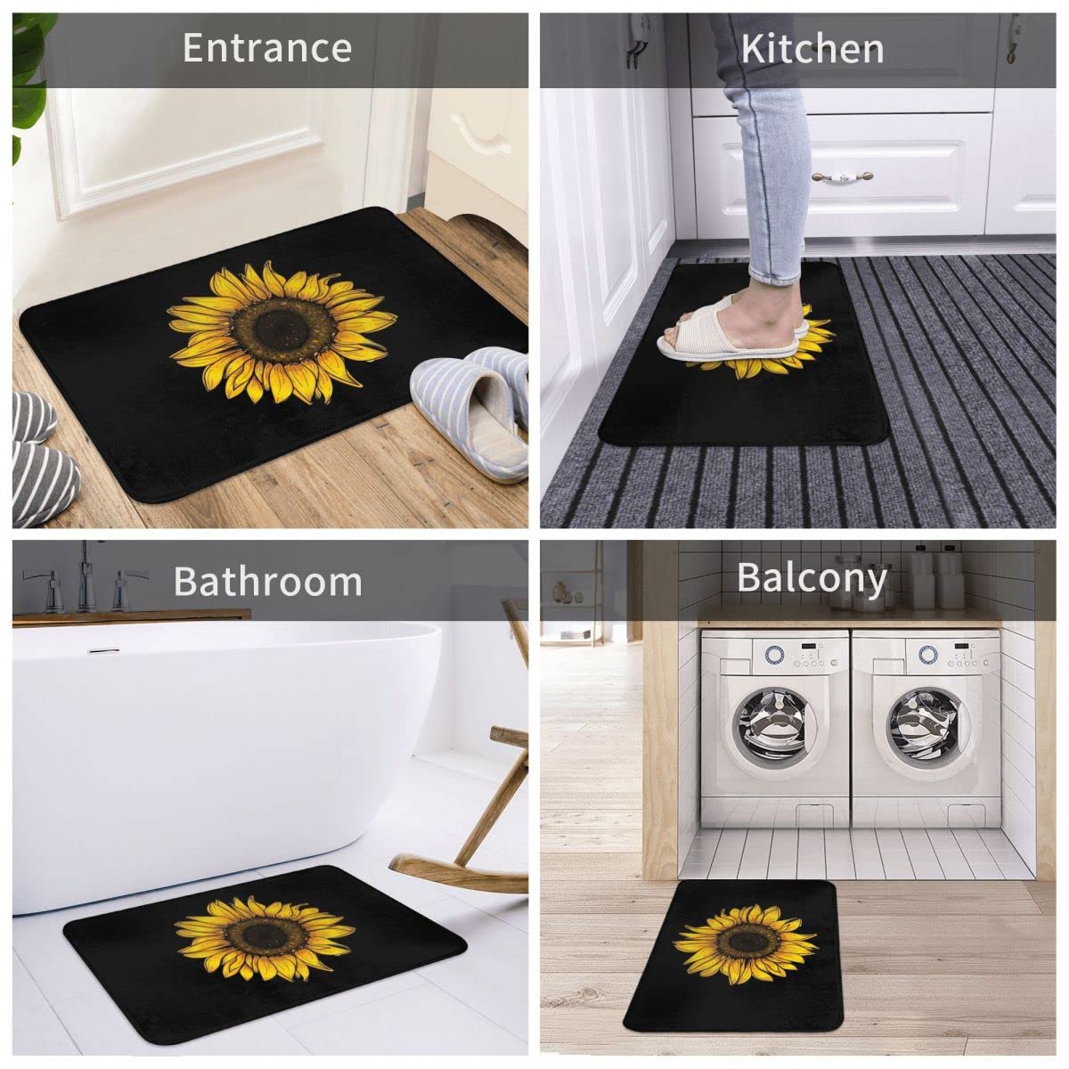 Sunflower Bathroom Rug Bath Decor Accessories, Black And Yellow Flower Floral Sunflower Bath Mat, Non Slip Soft Flannel Rug Entr