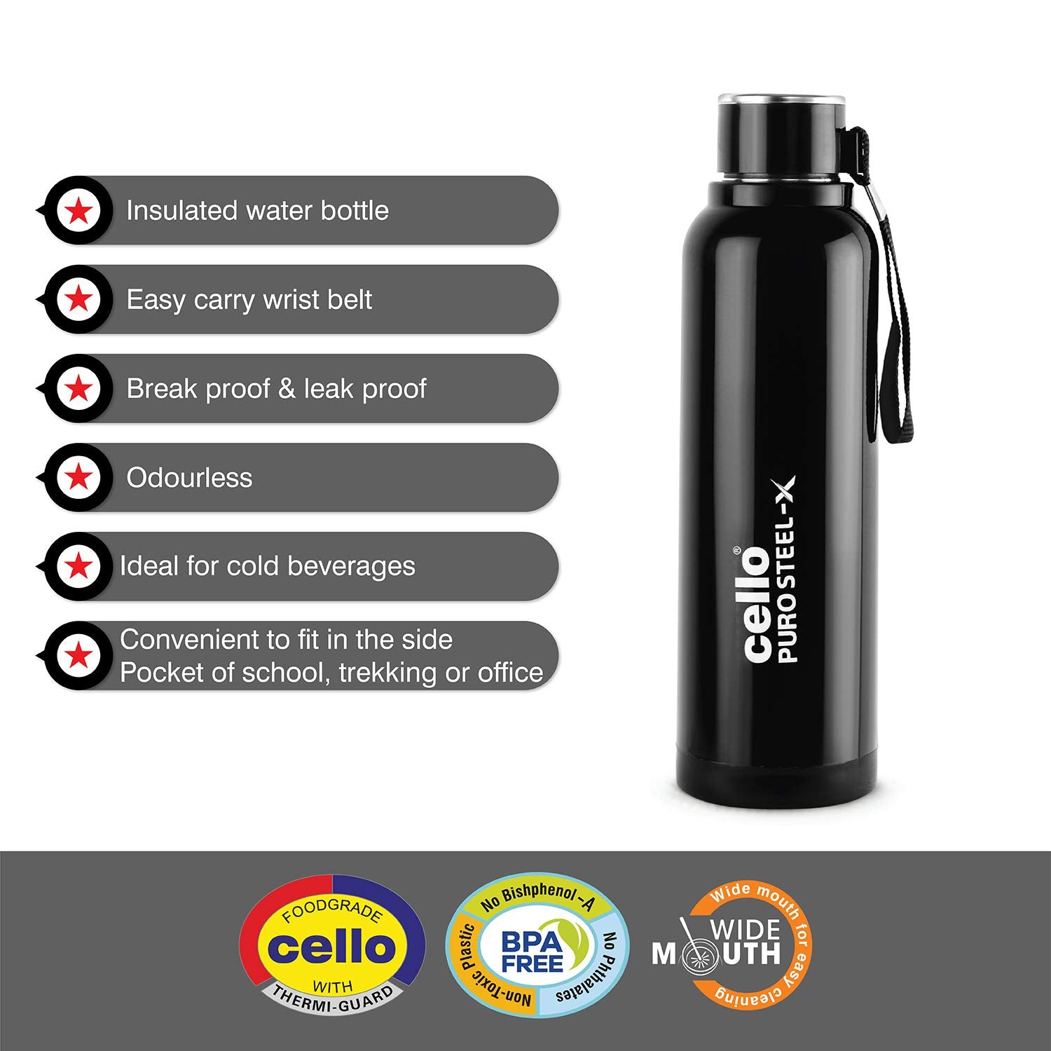 Cello Puro Steel-X Benz Insulated Bottle With Stainless Steel Inner 900 Ml Black