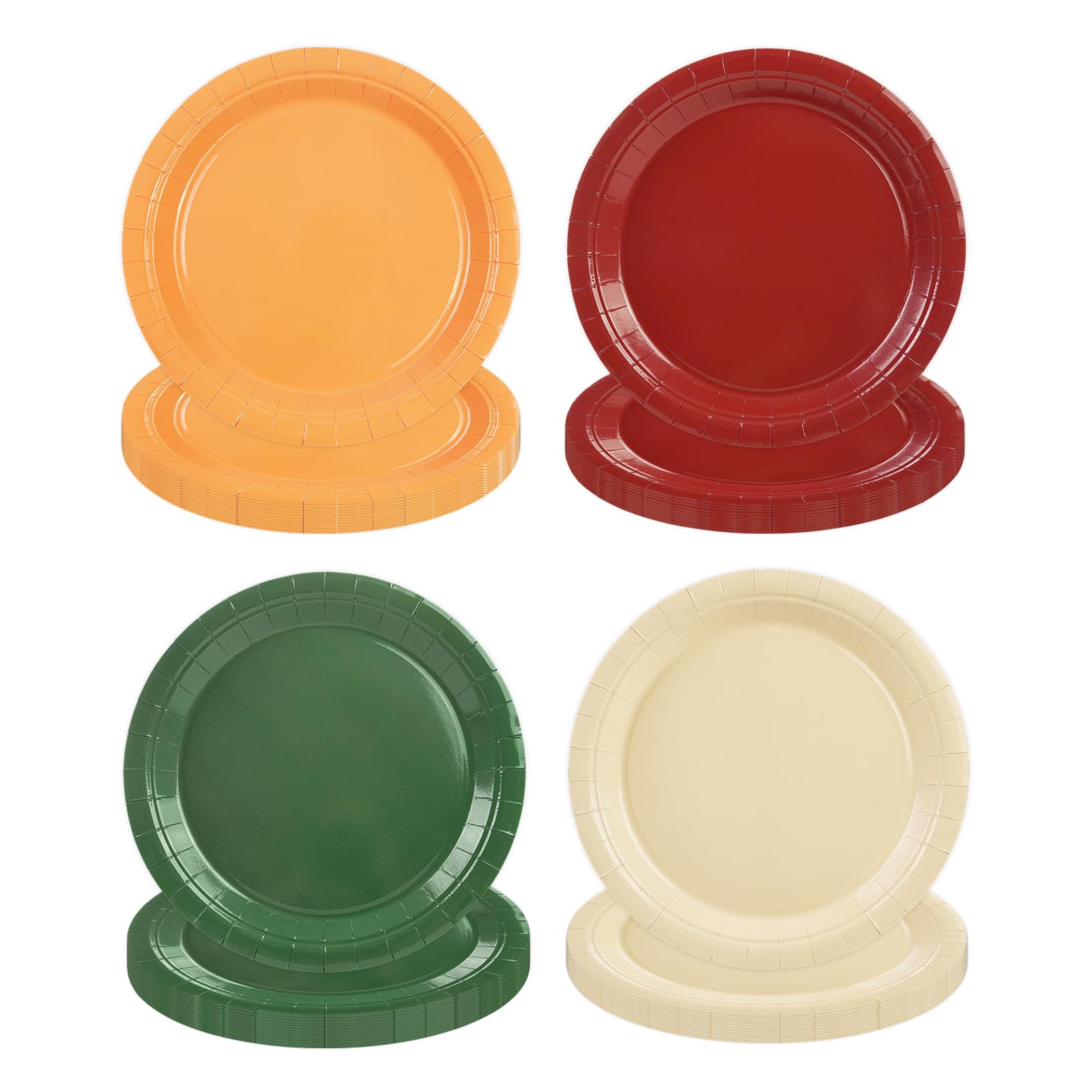 48PCS Christmas Paper Plates Party Supplies, 7inch Disposable Dessert Plates Red Green Orange Cream Colored for Fall Harvest Tha