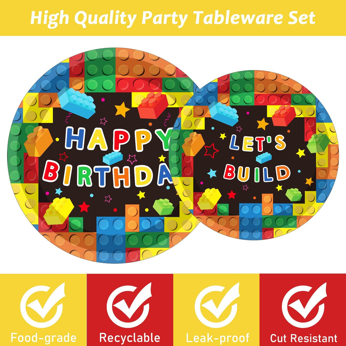 Gisgfim 96 Pcs Building Block Birthday Party Supplies Paper Plates Nap ...