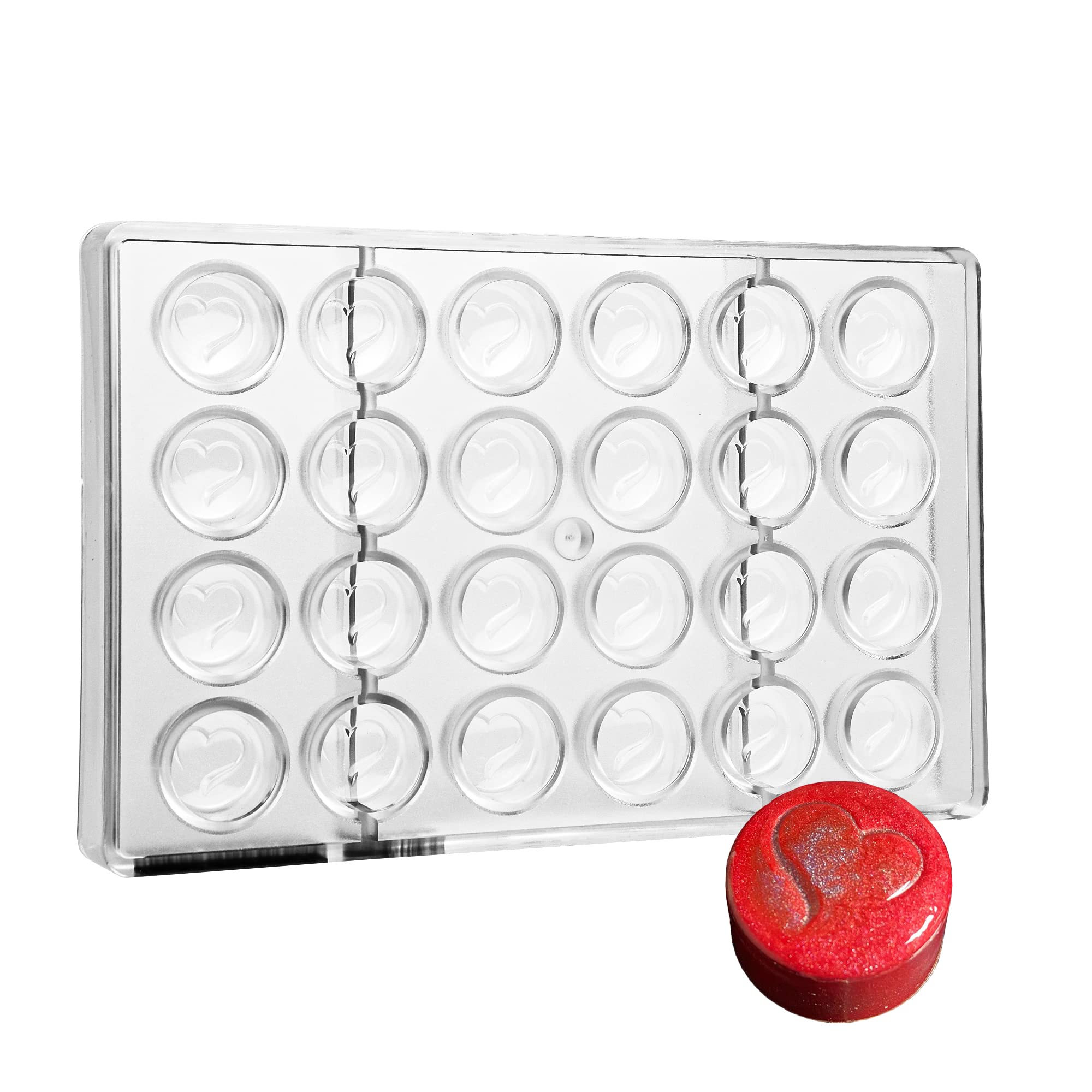 Greyas Cm 3843 Louis Amado Clear Polycarbonate Chocolate Mold Candy Mould With 24 Heart-Cylinder Cavities, Each 30Mm Diameter X