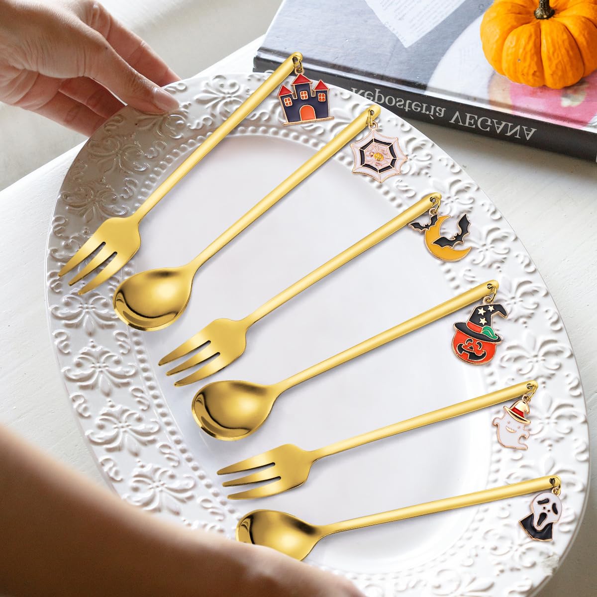 Acewen 6Pcs Halloween Coffee Spoons With Pumpkin Ghost Bat Spider Web Hanging Pendants Stainless Steel Spoons For Soup Milk Stir