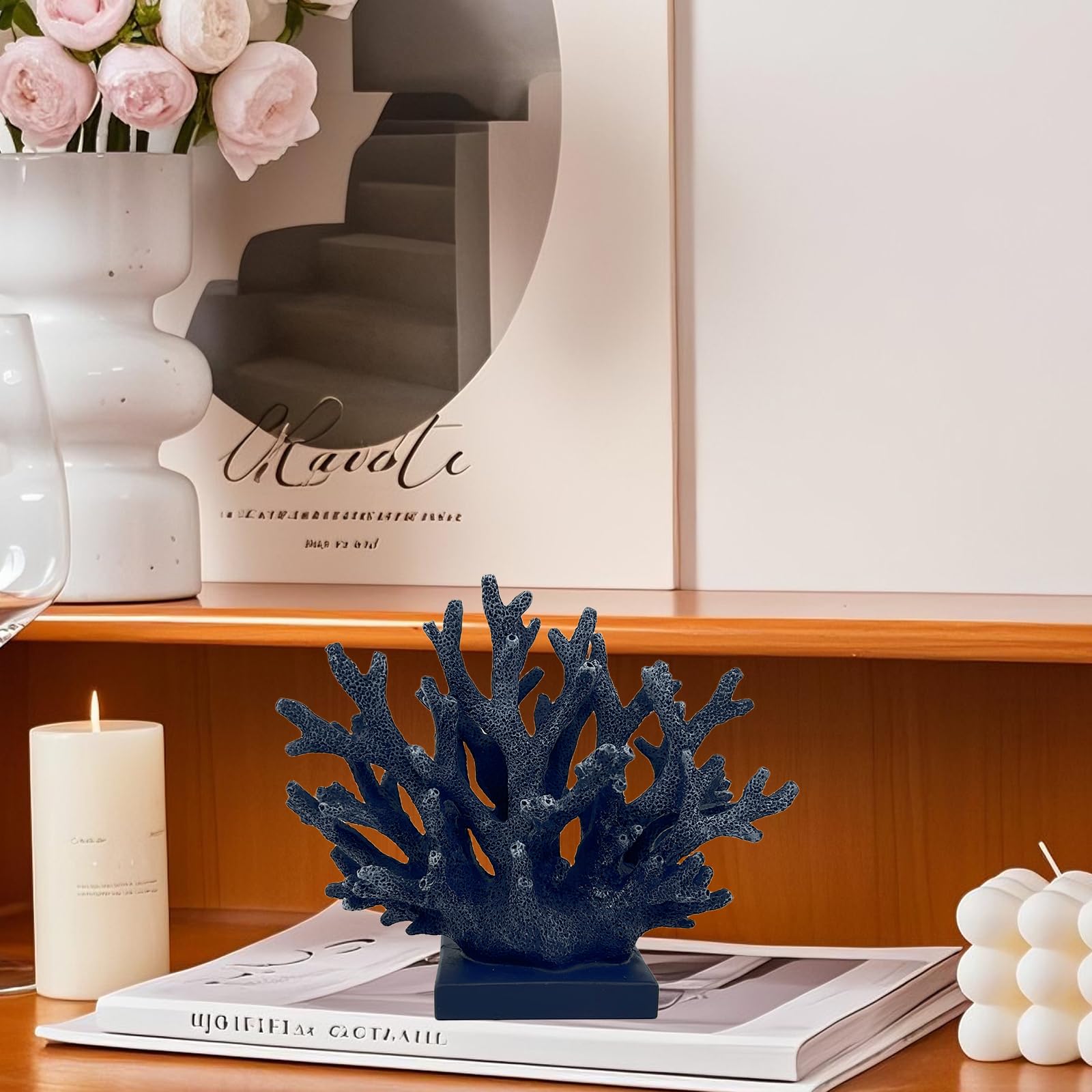 Elegondrar 5.8 H Dark Blue Coral Decor - Resin Coral Statue, Nautical Decor for Home, Bedroom, Bathroom, Living Room, Ocean Them