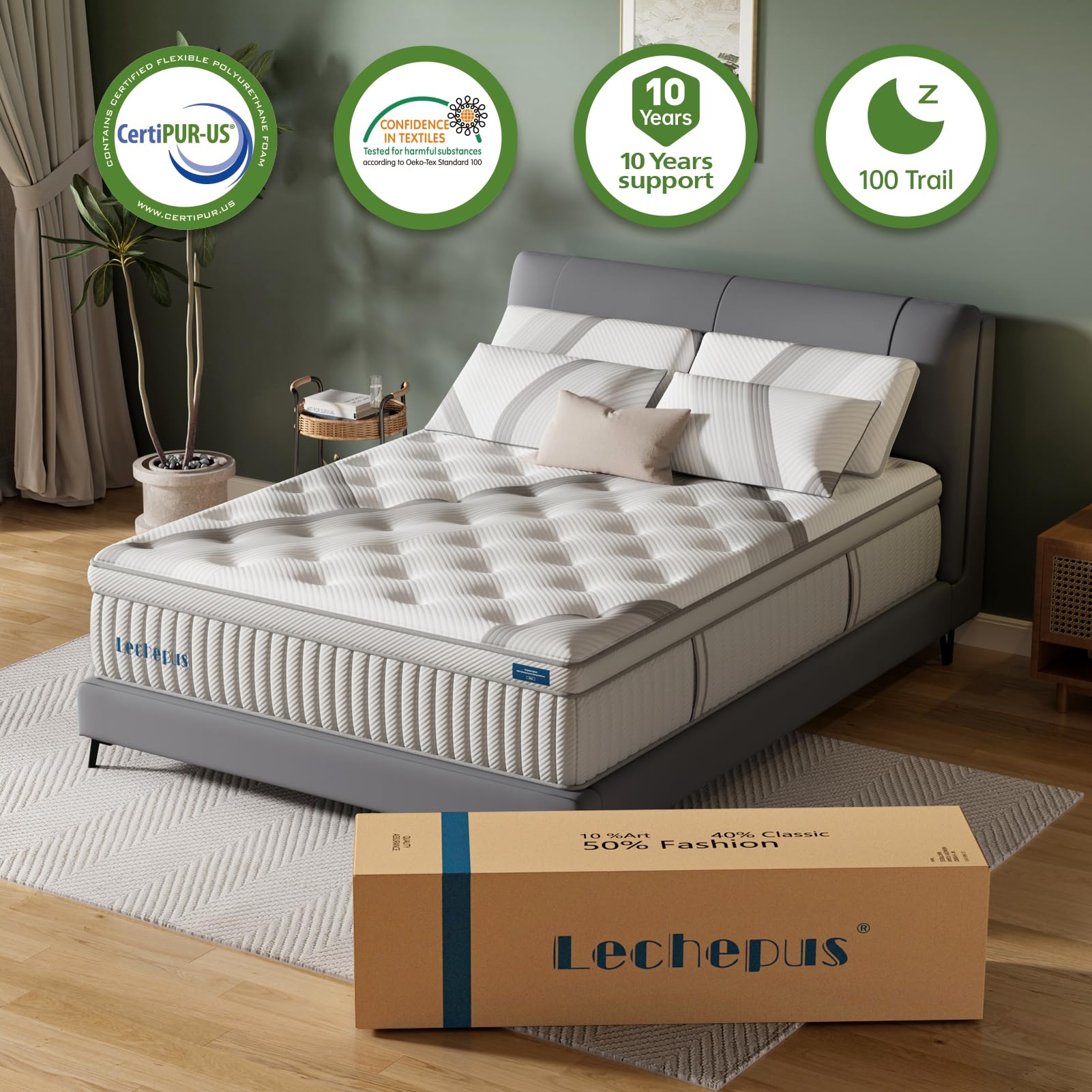 Lechepus King Mattress,14Inch Memory Foam Hybrid Mattress With 7-Zone Pocket Spring,King Size Mattress In Box, Medium Plush Matt