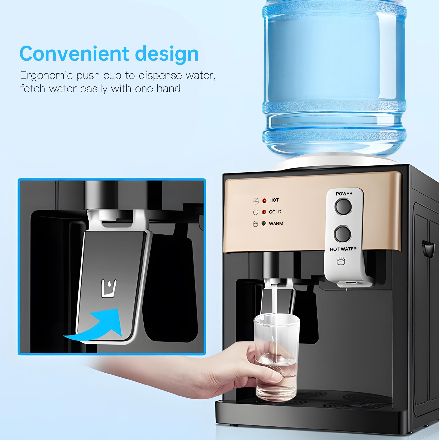Water Dispenser, Top Loading Water Cooler For 1.2 To 5 Gallon, 3 Temperature Settings Room Temperature Water Cold Hot Water Disp