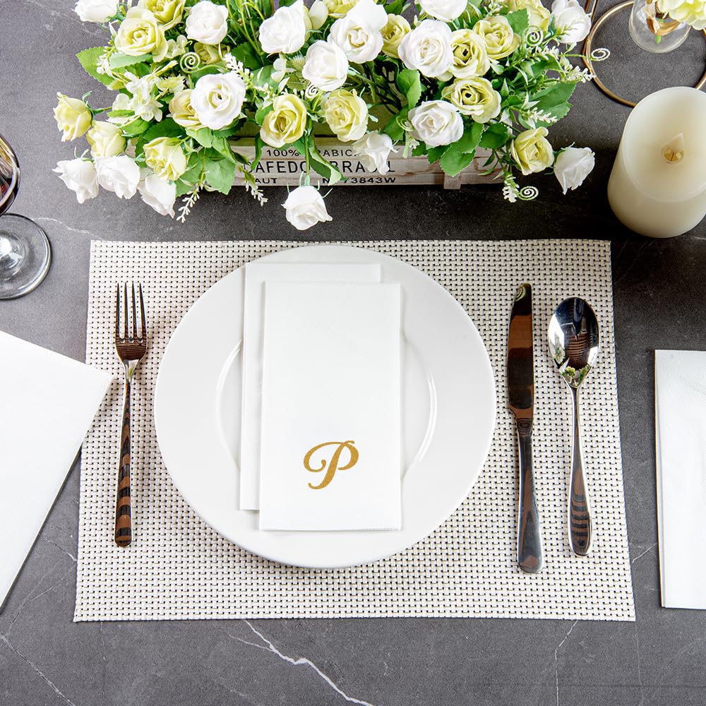 Luxenap 15.8 X 7.9 Inch Linen-Feel Guest Towels, 50 Lettered Hand Towels - Gold Letter 'P', Cursive Font, White Paper Dinner Nap