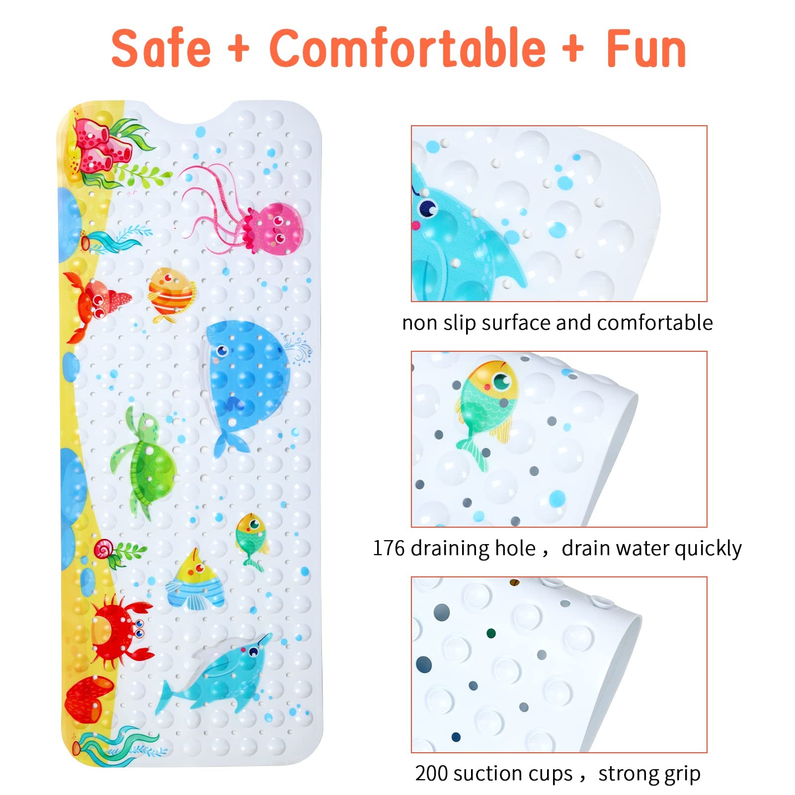 Secopad Kids Bath Mat for Tub Non Slip  40 X 16 Inch Large Cartoon Whale Anti Slip Toddler Baby Bath Mat  Left Drain