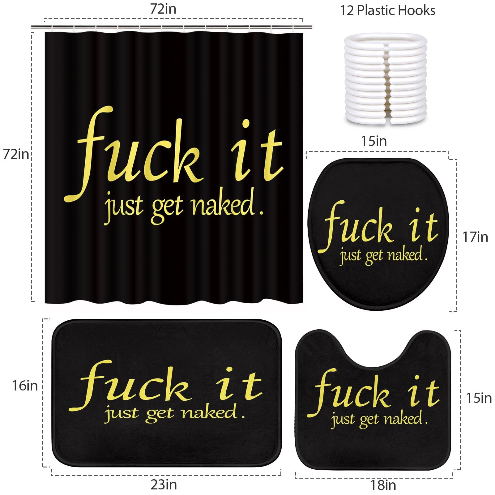 Artsocket 4Pc Black Funny Get Naked Shower Curtain Sets Bathroom Decor With Rugs, Non-Slip Rug,Toilet Lid Cover, Bath Mat And 12