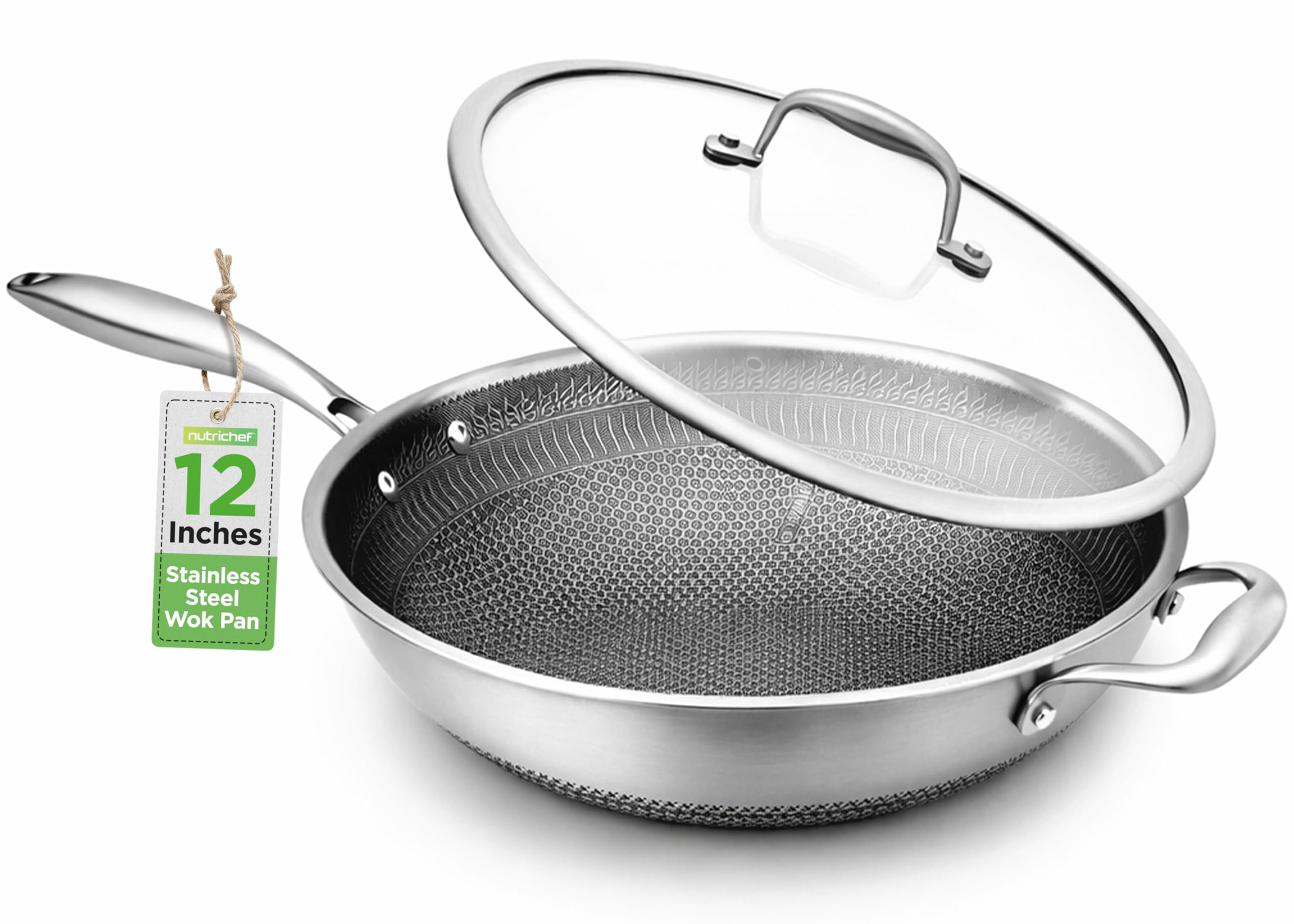 Nutrichef Durable 12 Stainless Steel Wok - Triple Kitchen Utensil Wok With Glass Lid, Side Handle - Engraved Dakin Non-Stick Coa