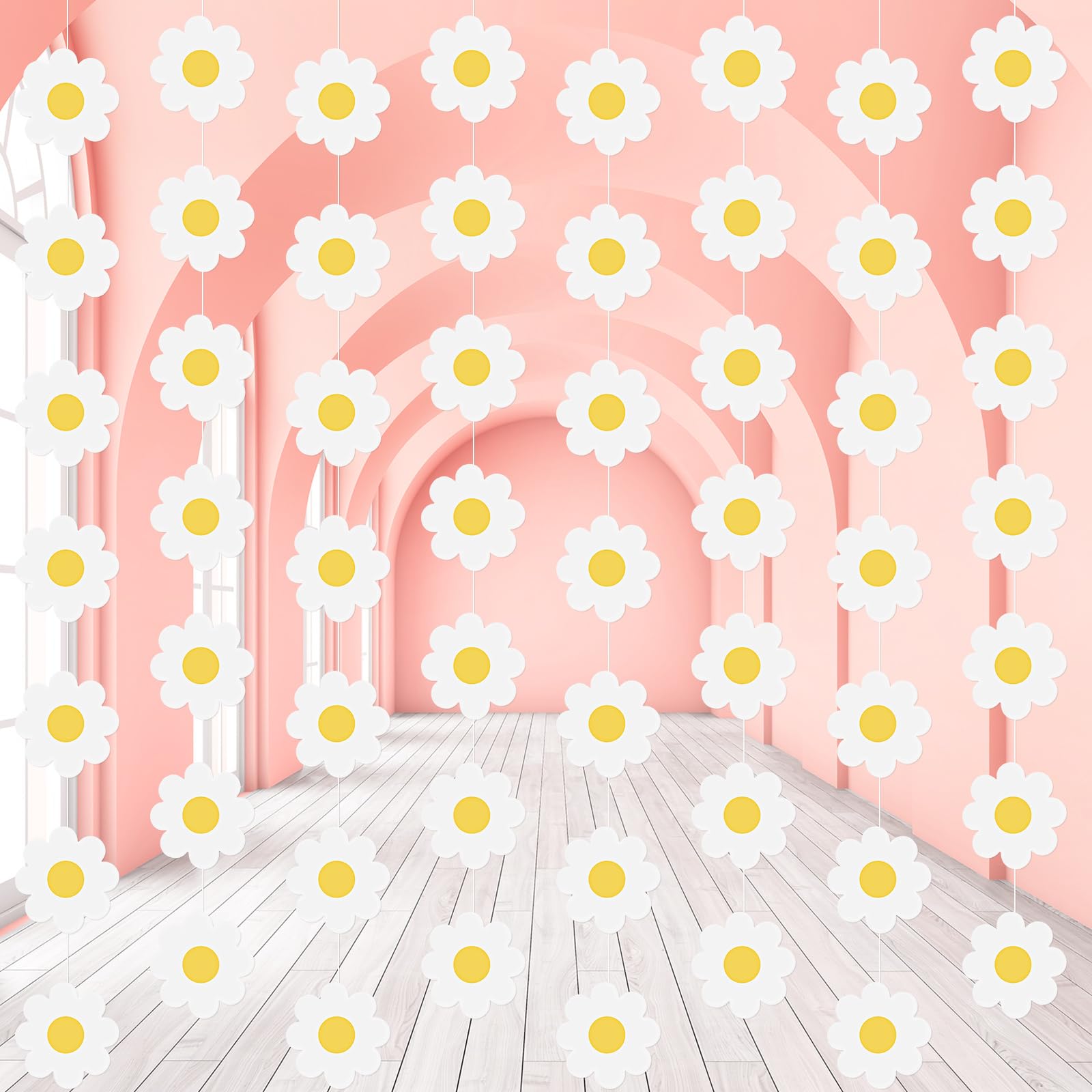 Pasimy 8 Pcs Daisy Boho Party Decorations Groovy Daisy Paper Garlands White Flower Hanging Garland Banner Hippie Flower Cutouts 