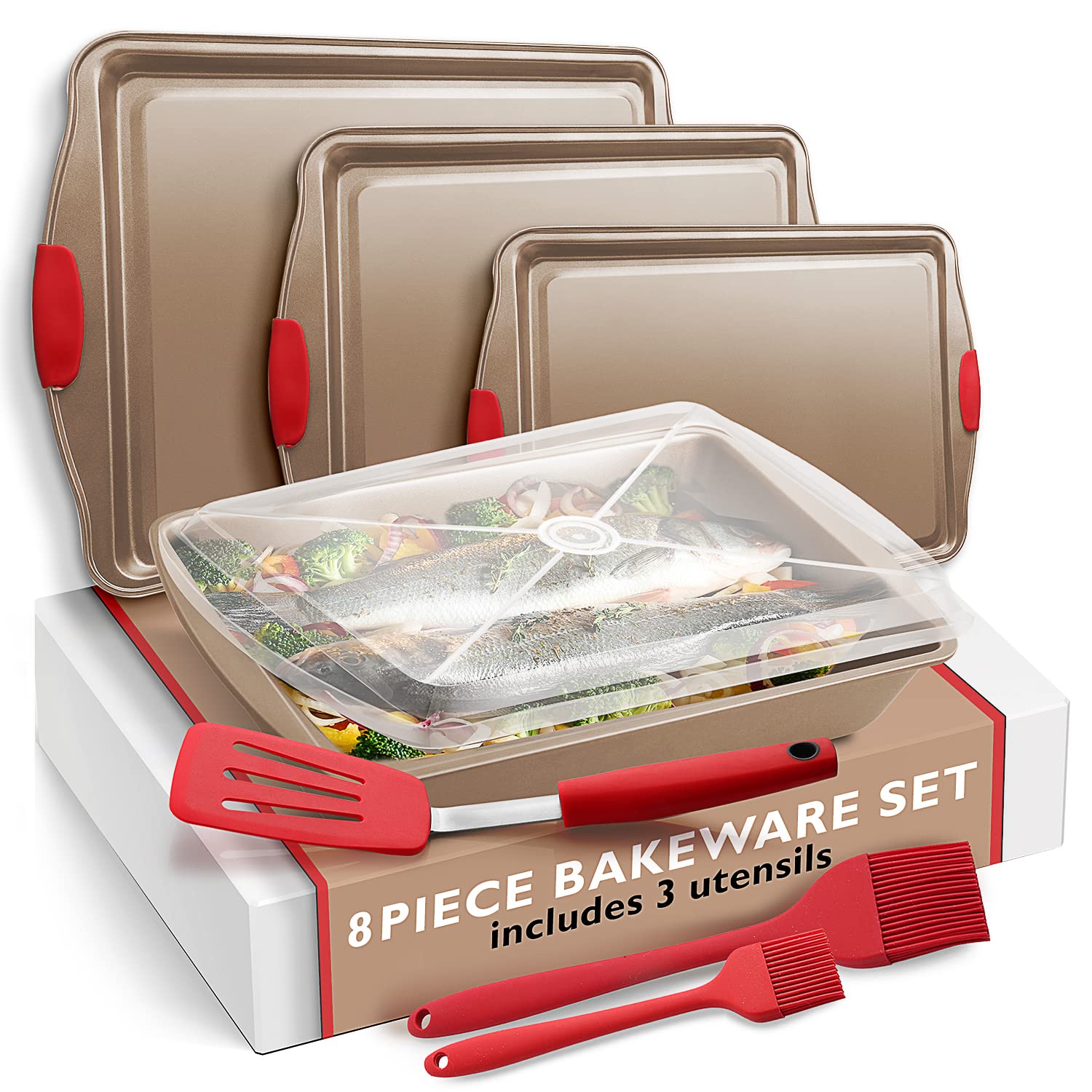 Eatex Baking Sheet, 8Pc Cookie Sheet Set With Silicone Handles, Nonstick Steel Baking Pan, Durable Baking Sheets For Oven, Bpa F