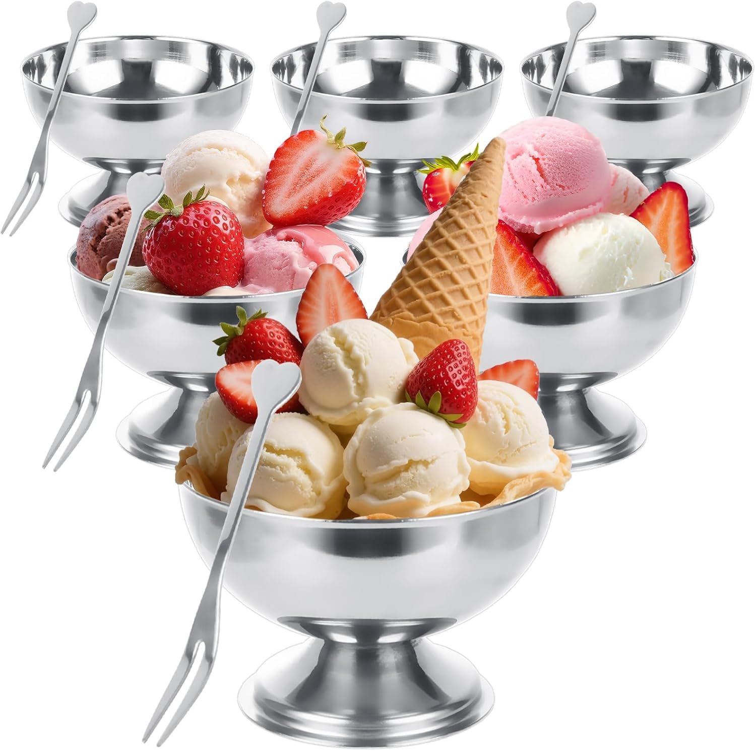 Myrexel 6 Pack Ice Cream Cups, 5.5oz Stainless Steel Ice Cream Bowl, Dessert Cups with Forks Serving Dessert Bowls Silver Coupe 