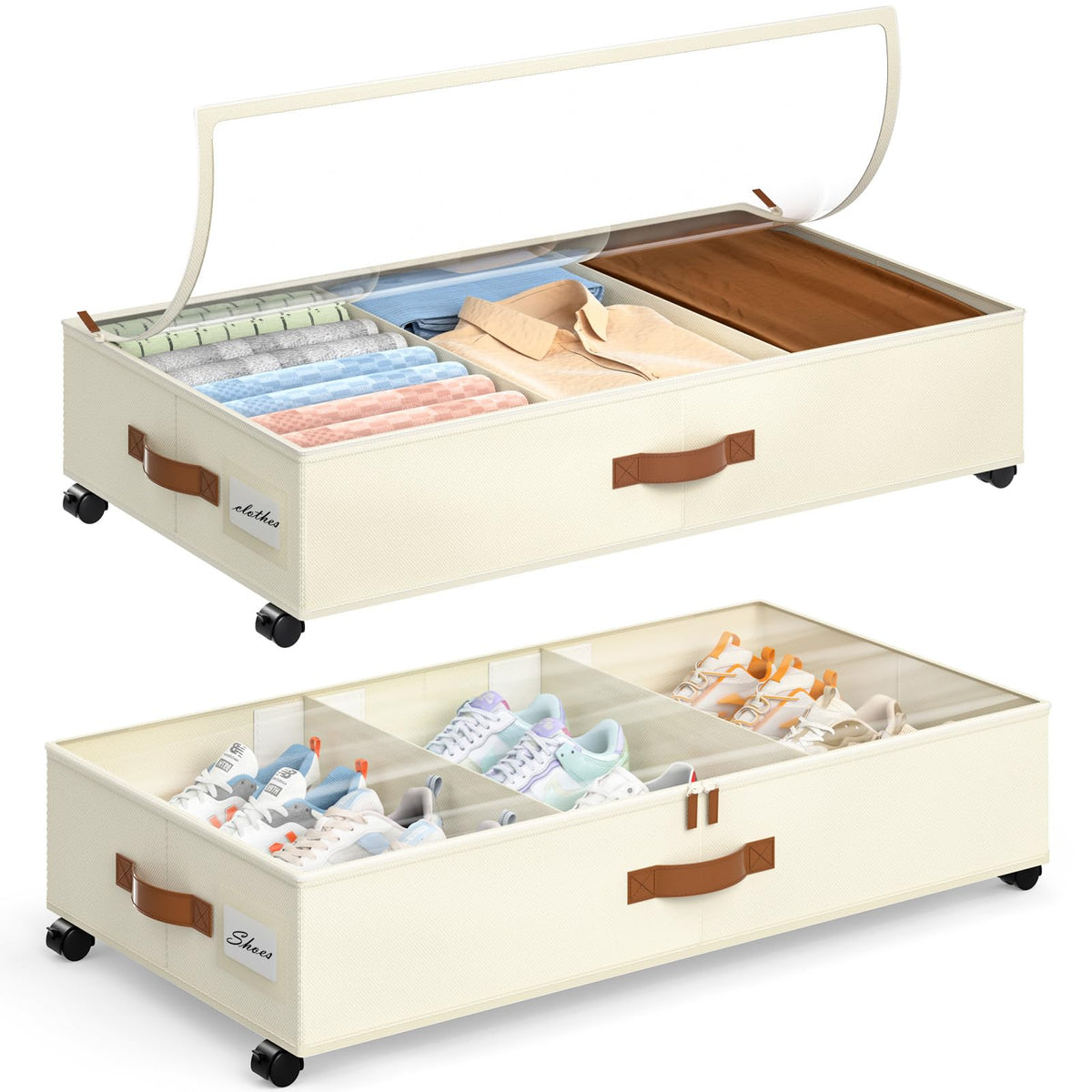 Yecaye Under Bed Storage with Wheels, 2Pack Under Bed Storage Containers, Under Bed Shoe Storage with Dividers & Clear Window, U