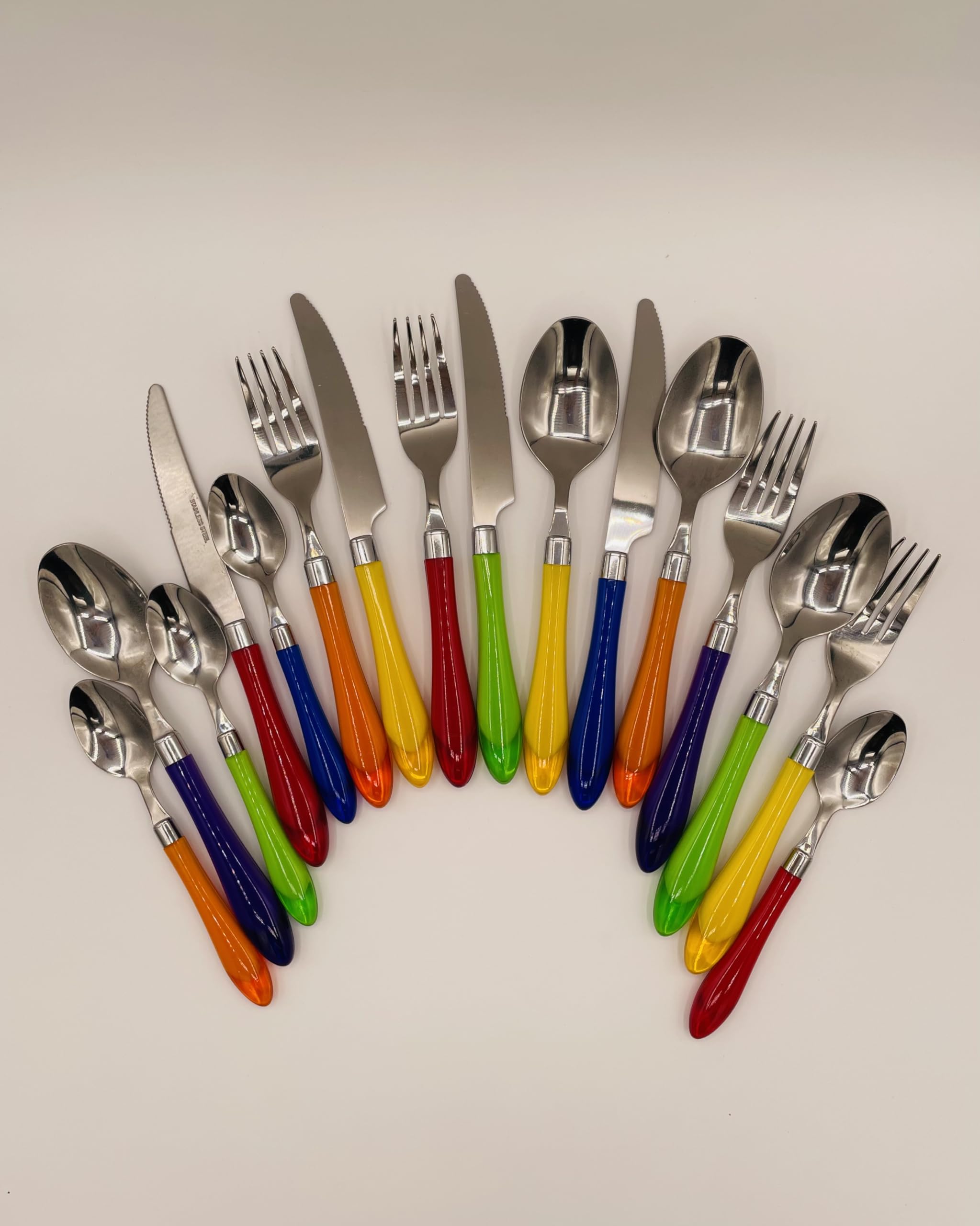 The Original Brink House Rainbow Mix & Match Stainless Steel Cutlery Set With Translucent Handles / 16 Pieces With Metal Stand/L