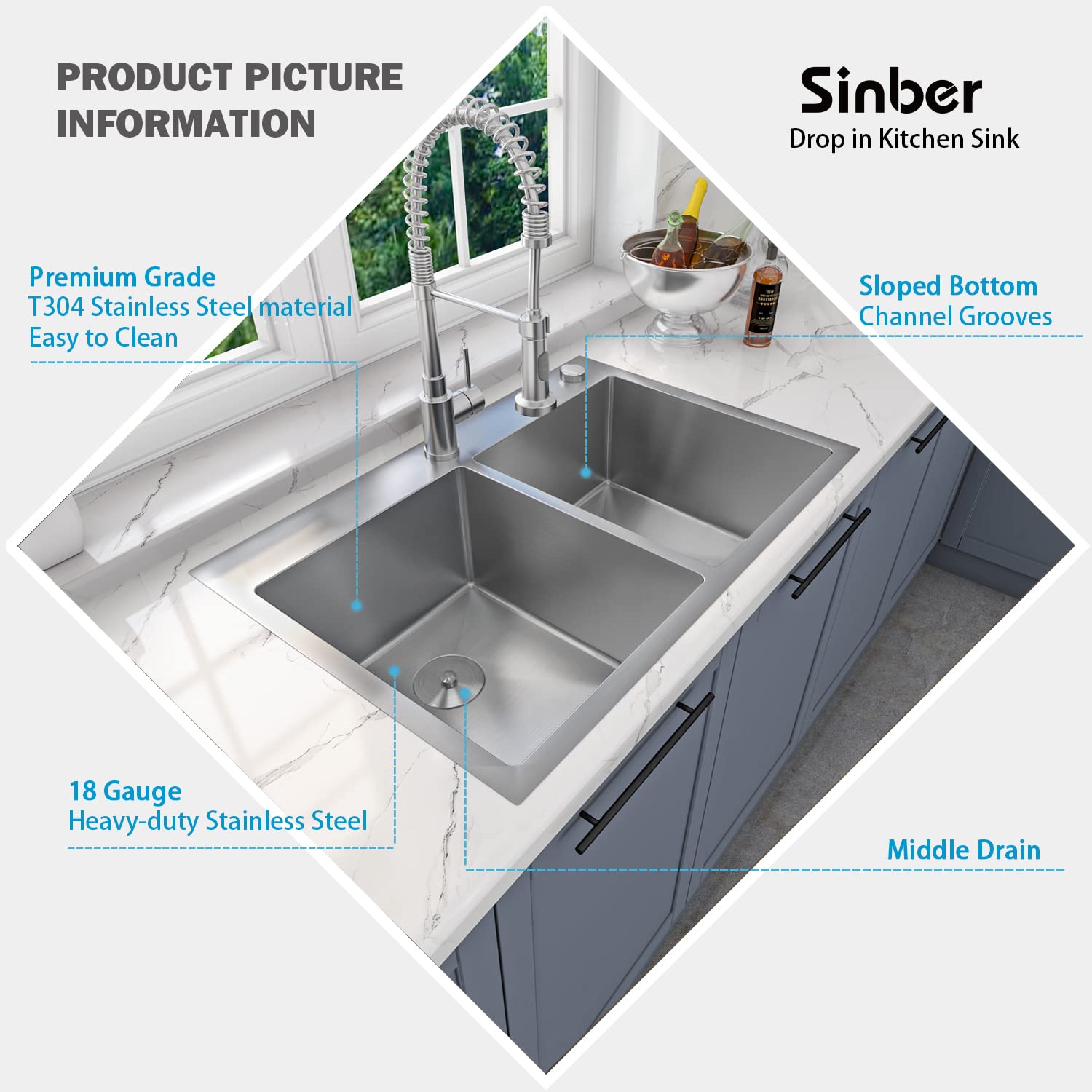 Sinber 33'' X 22'' X 9'' Drop In Double Bowl Kitchen Sink With 18 Gauge 304 Stainless Steel Satin Finish Ht3322D-9-S (Sink Only)