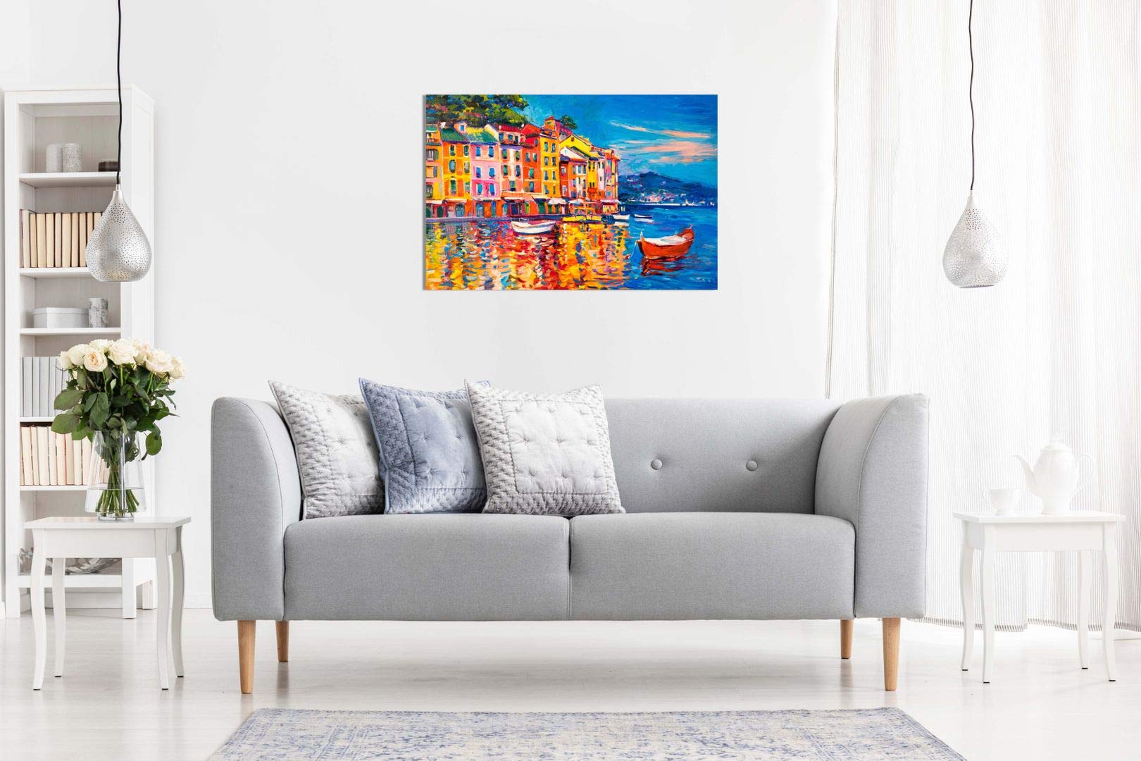Colourful Oil Painting Boats Sea Harbour Canvas Wall Art Picture Print (18X12)