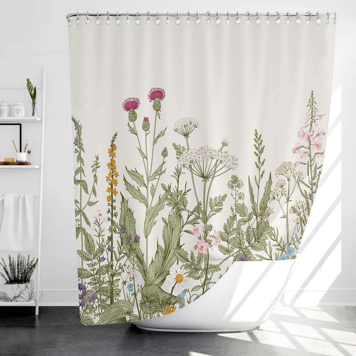 Riyidecor Thicken Heavy Duty Fabric Floral Shower Curtain for Bathroom Decor 72Wx72H Inch Wildflower Green Leaves Botanical Decorative Bath Set Plants Bathroom Accessories Waterproof 12 Pack Hooks