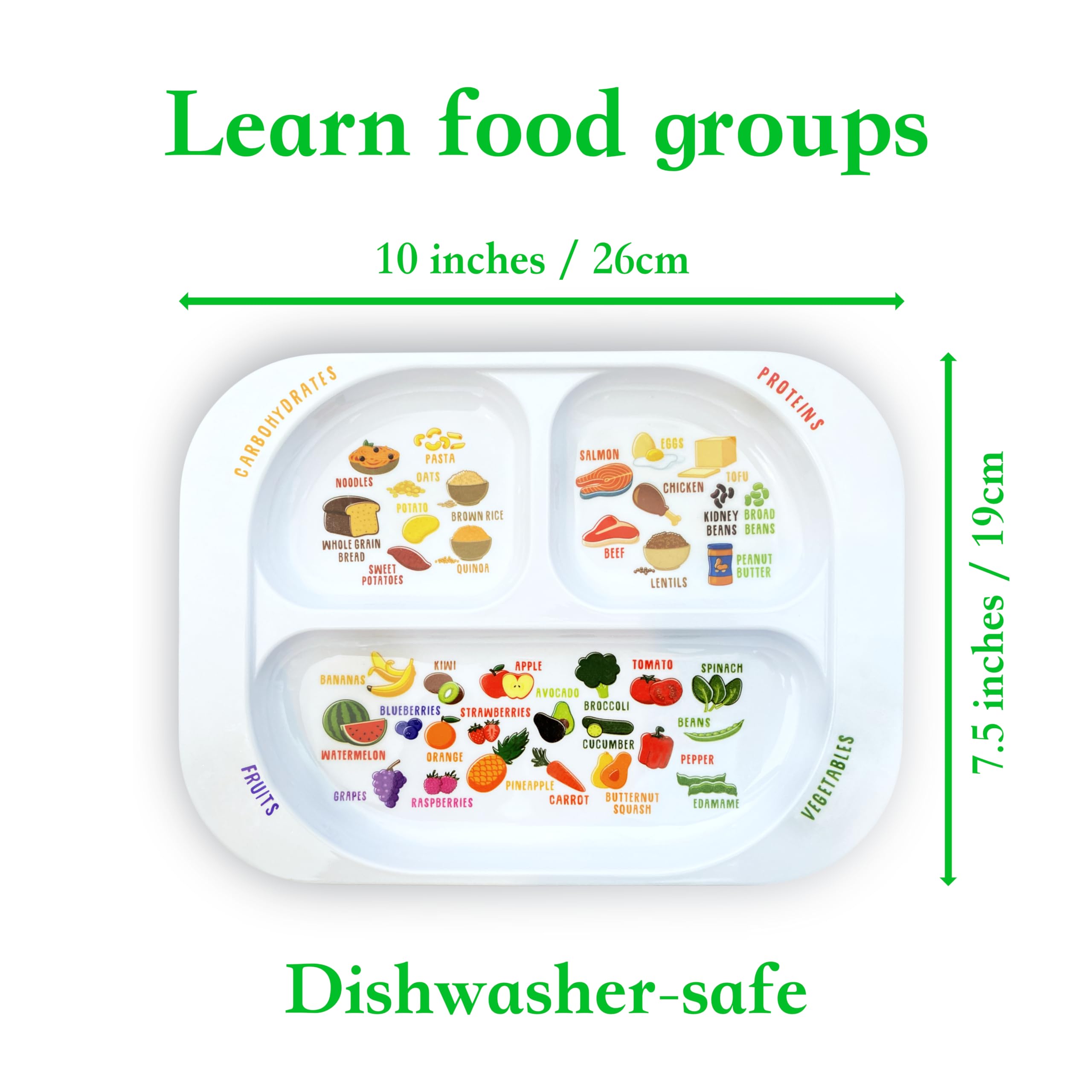 j&m Divided Portion Plate for Kids, 10 inch Melamine, White, KP1 - Ideal for Healthy Eating & Nutrition Education