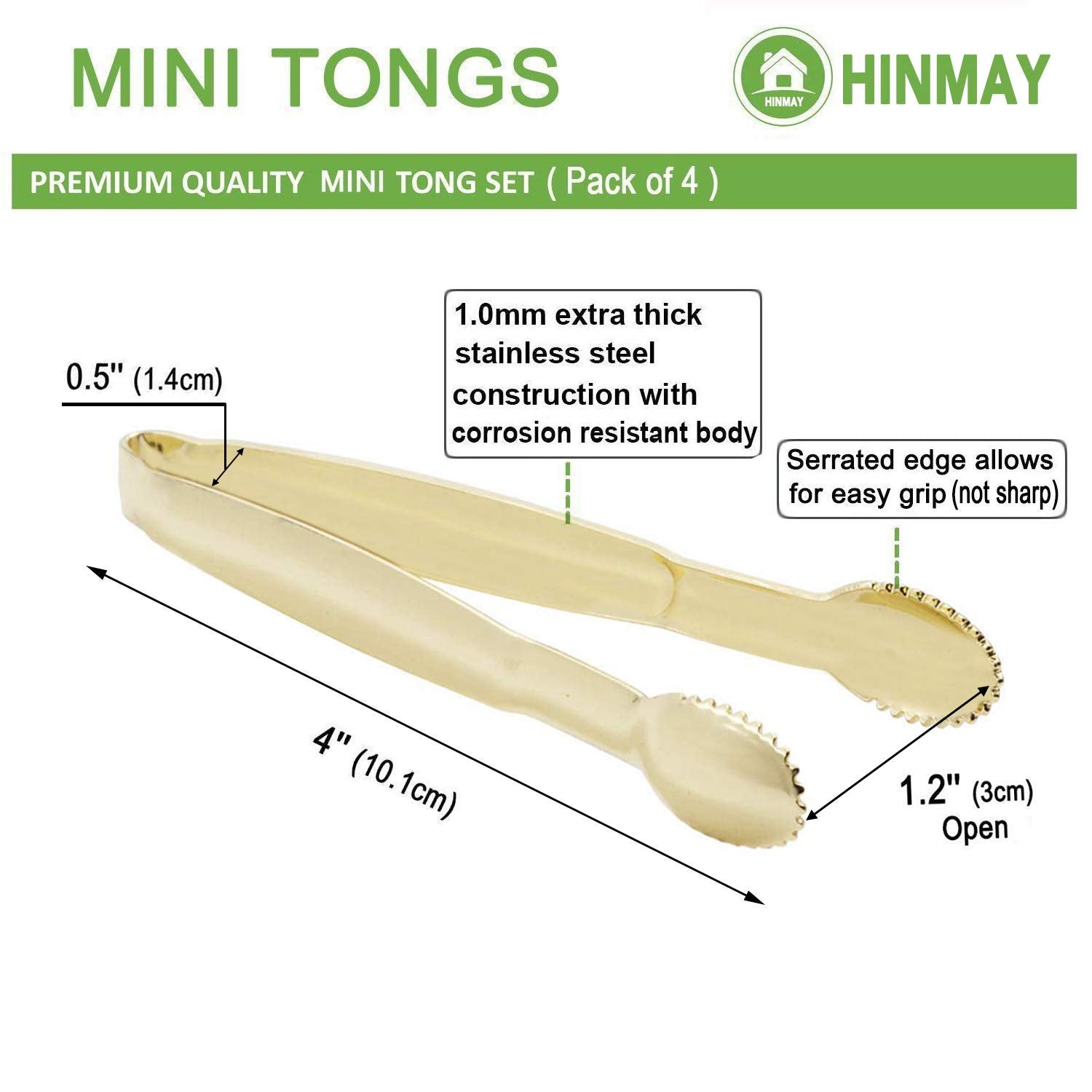 HINMAY Mini Serving Tongs Set of 4 - 4-Inch Stainless Steel Sugar Cube Tongs, Gold Finish