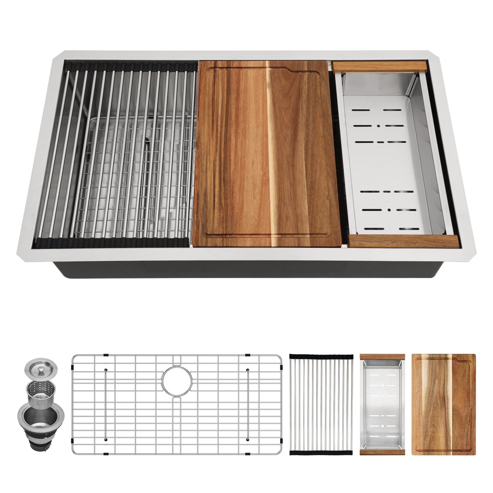 Couoko 30 Inch Undermount Kitchen Sink 16 Gauge Stainless Steel Workstation Round Corners Single Bowl Under Counter Kitchen Sink