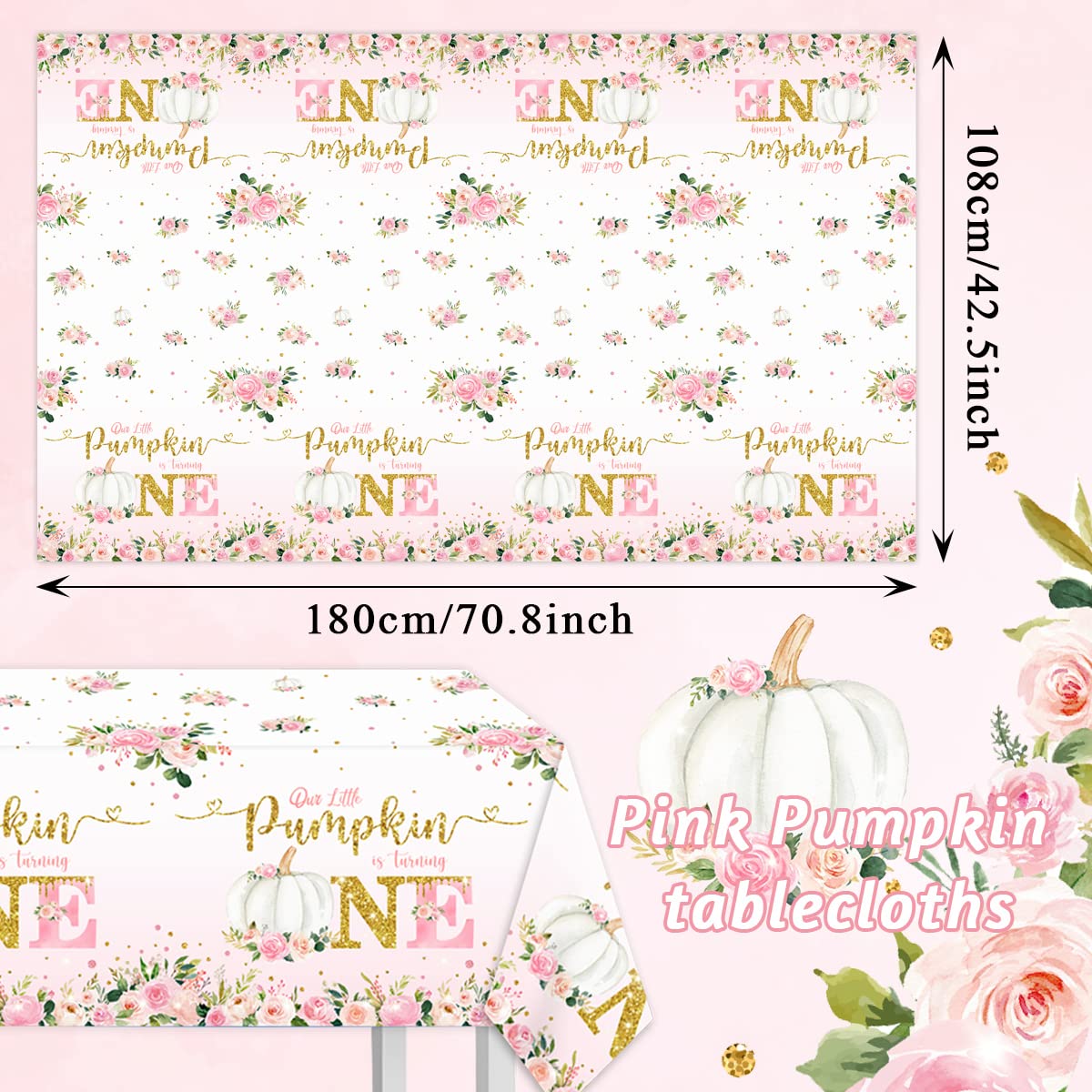 Little Pumpkin Baby Shower Decorations Girl-3Pcs Our Little Pumpkin is Turning One Tablecloths Pink Pumpkin Plastic Rectangle Ta