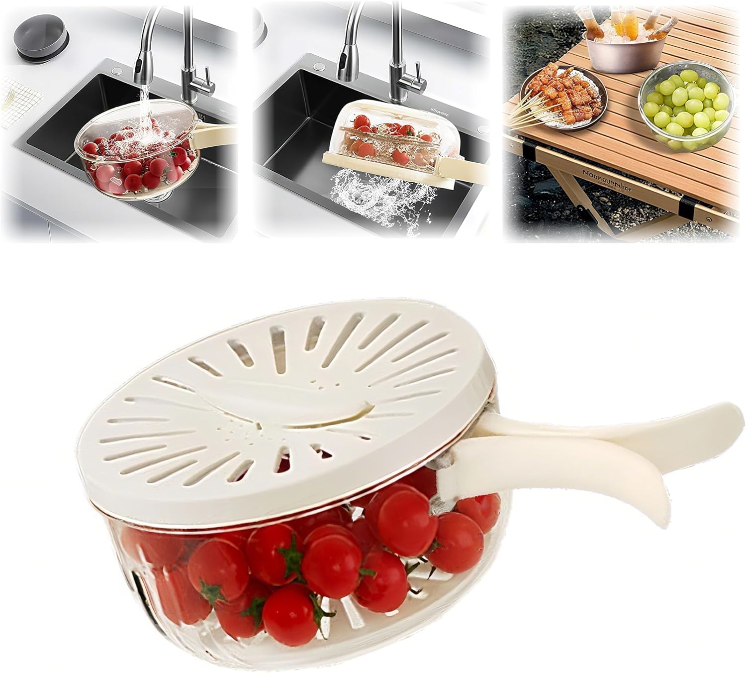 Jukmen Kitchen Colanders Bowl, Multifunctional Draining Basket With Lid & Handle, Fruit Cleaning Bowl With Strainer, Fruit Washi