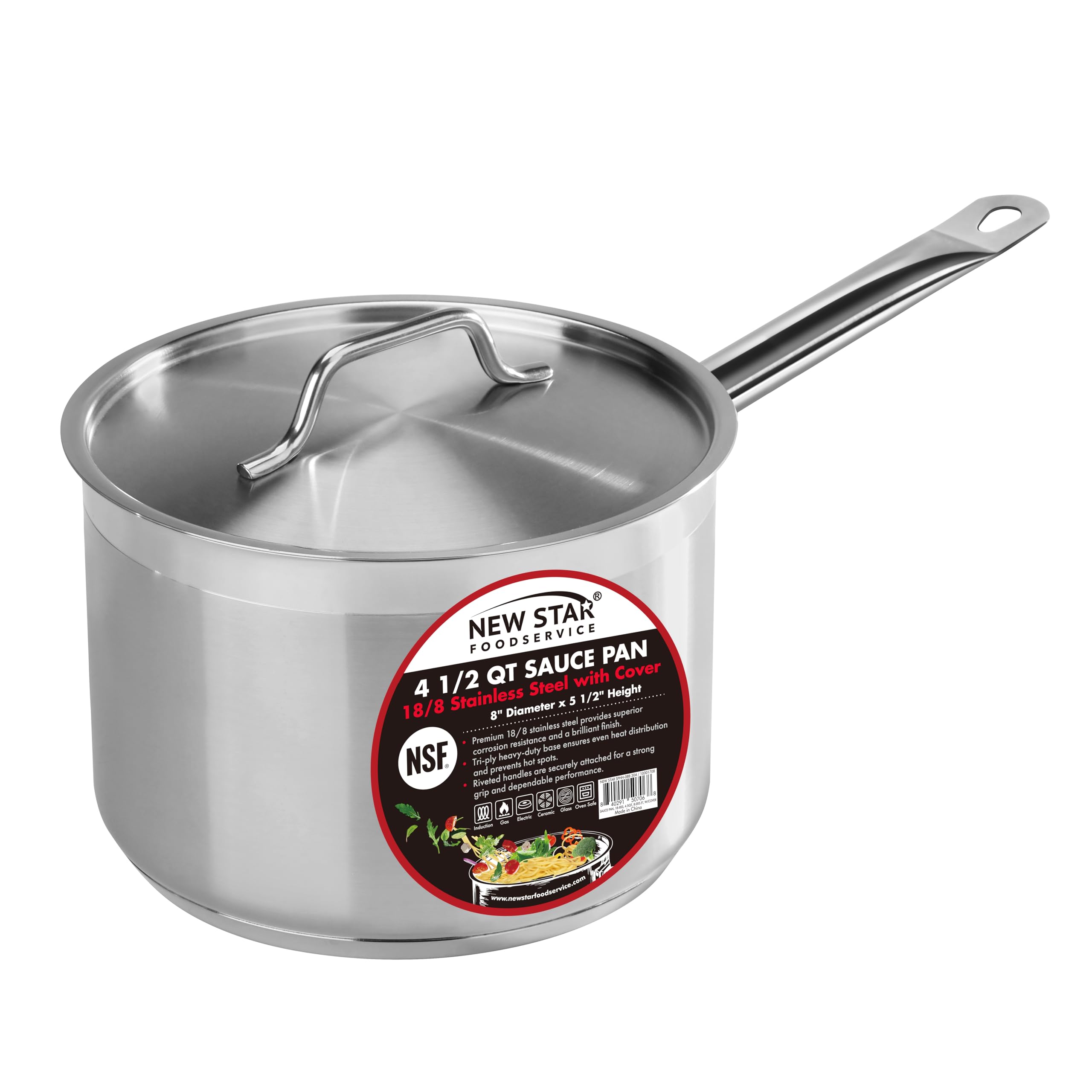 New Star Foodservice 4.5 Qt Stainless Steel Sauce Pan with Cover, 18/8 Stainless Steel, 5.5Inch Depth