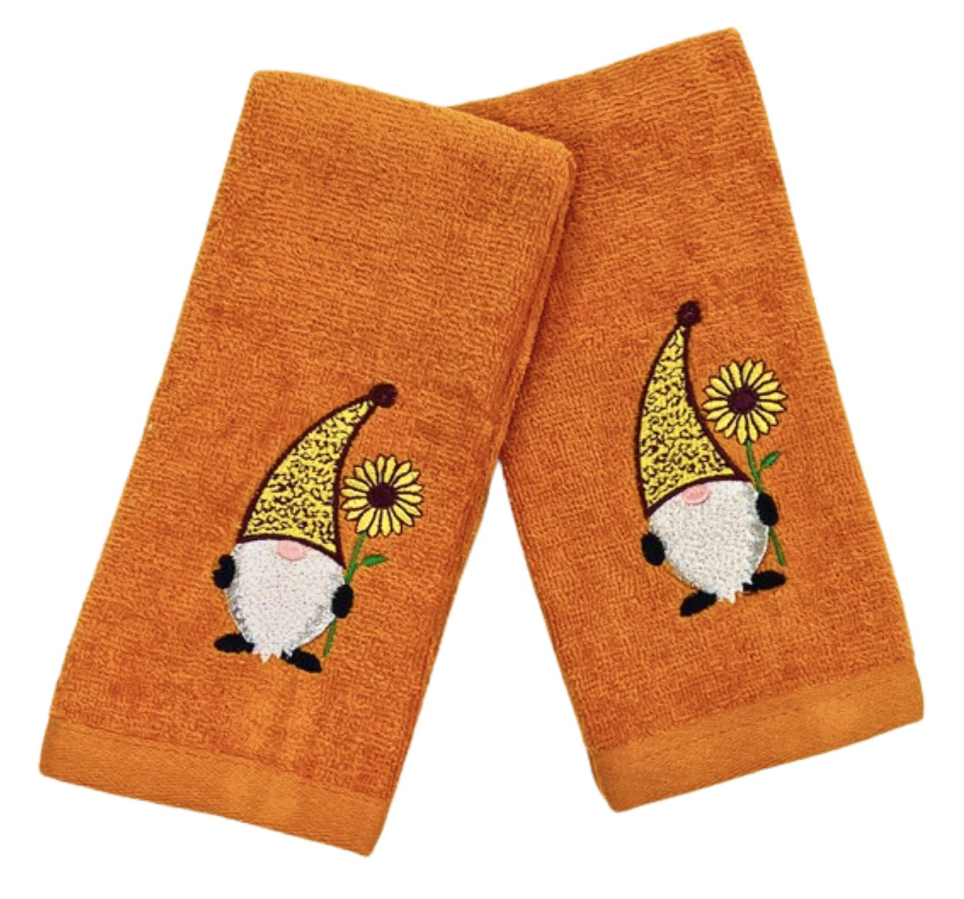 Decorative Fall Harvest Hand Fingertip Towels: Cute Garden Gnome With Sunflower On Plush Soft Cotton Orange, Set Of 2 18'' X 12'