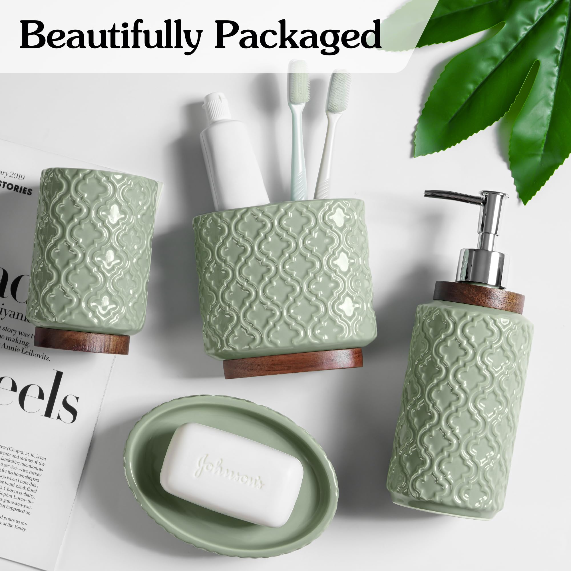 Rqyixi Bathroom Accessories Set 4 Pieces Toothbrush Holder Soap Dispenser Ceramic Green Bathroom Accessory Set Contain Toothbrus