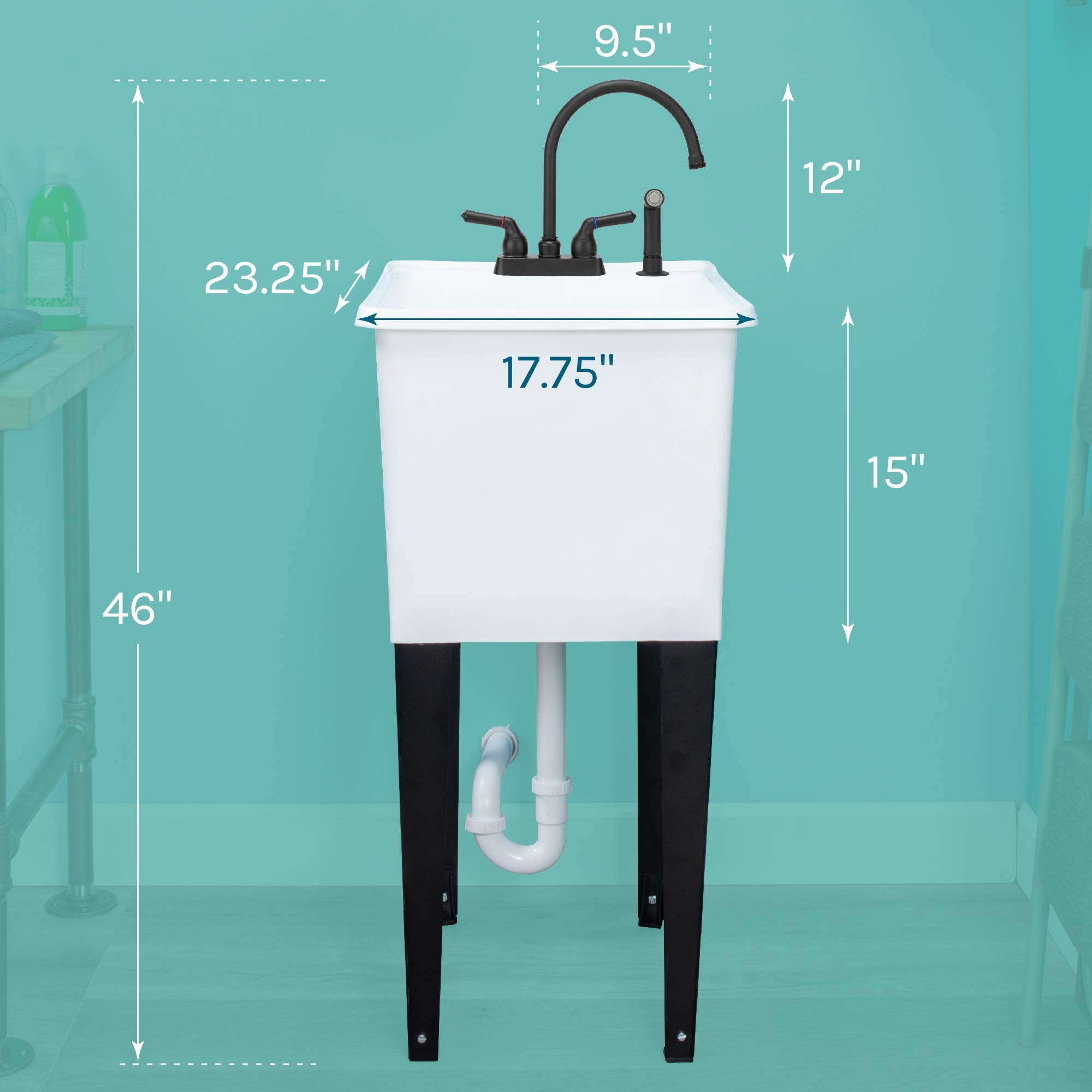 White Space Saver Utility Sink By Js Jackson Supplies, Freestanding Tehila Space Saving Laundry Tub, Matte Black Gooseneck Fauce