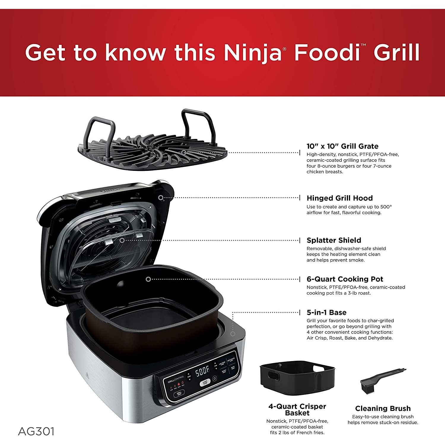 Ninja Ag301 Foodi 5-In-1 Indoor Electric Grill With Air Fry, Roast, Bake & Dehydrate - Programmable, Black/Silver