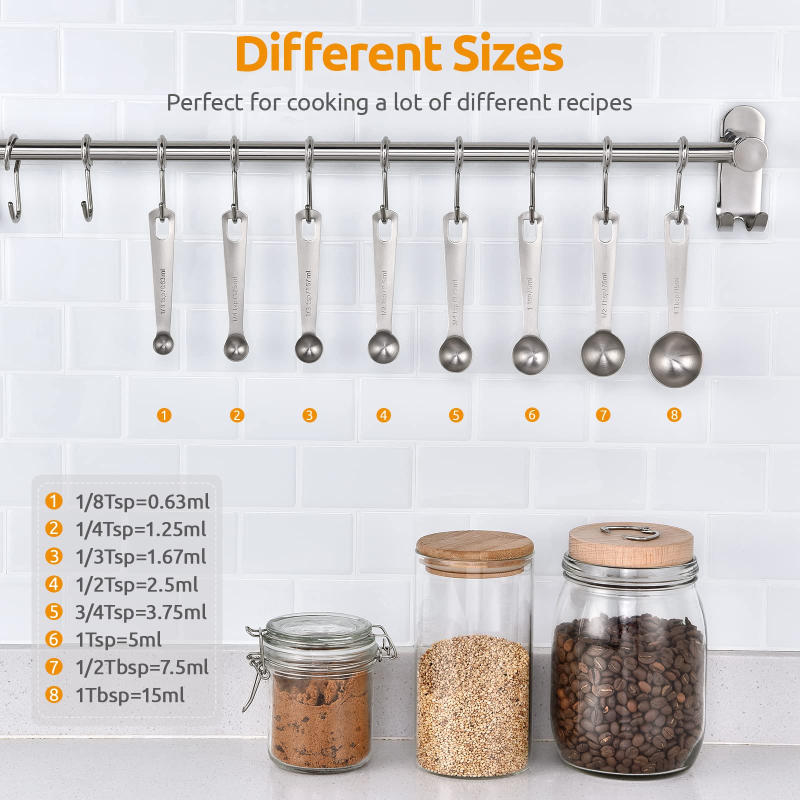 Measuring Spoons: U-Taste 18/8 Stainless Steel Measuring Spoons Set Of 8 Piece: 1/8 Tsp, 1/4 Tsp, 1/3 Tsp, 1/2 Tsp, 3/4 Tsp, 1 T
