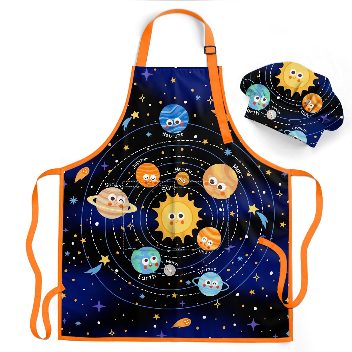 SANDJEST Solar System Apron with Front Pocket, 2Pcs Kid Apron and Chef Hat, Chef Gifts for Kids Toddlers Cooking Baking Gardenin