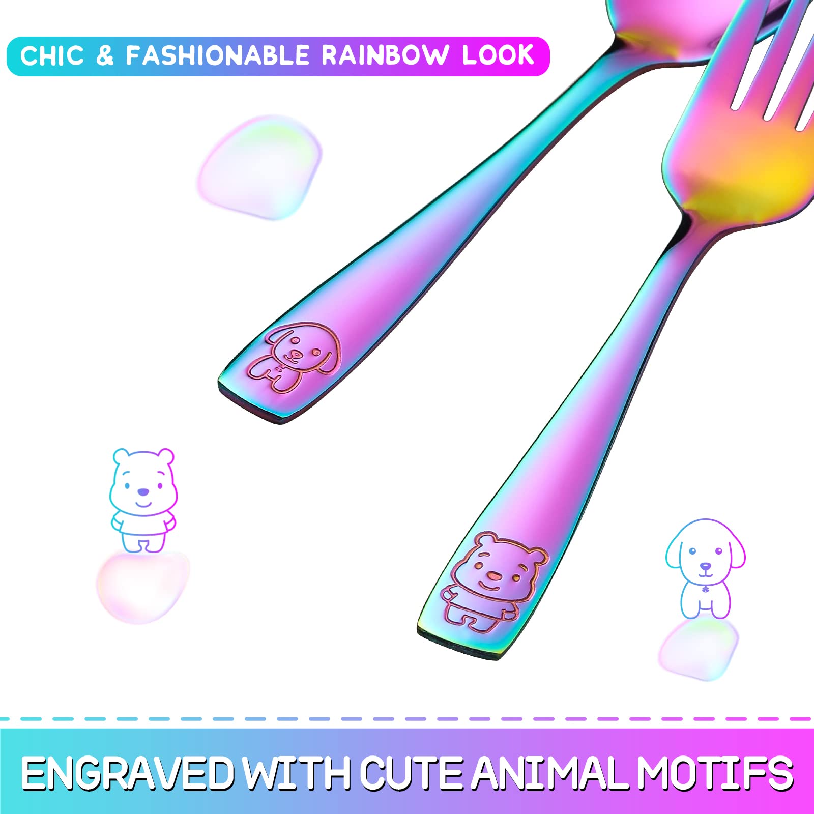 VITEVER 10 Pack Toddler Utensils, Stainless Steel Rainbow Silverware Set for Kids, Children Safe Cutlery Set Includes Forks and