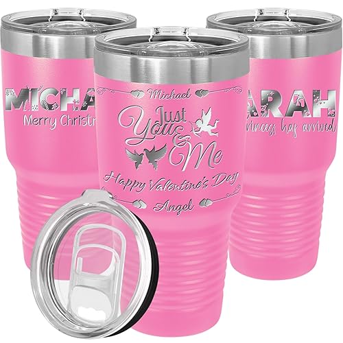 Personalized Tumblers with Lids and Straw Love and Text Engraved in USA by iProductsUS 30oz Vacuum Insulated Travel Coffee Mugs Stainless Steel Double Wall Thermos Customized Cups(Pink 18-Designs)