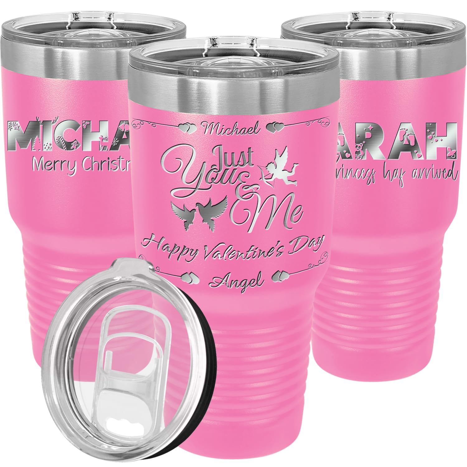 Personalized Tumblers with Lids and Straw Love and Text Engraved in USA by iProductsUS 30oz Vacuum Insulated Travel Coffee Mugs Stainless Steel Double Wall Thermos Customized Cups(Pink 18-Designs)