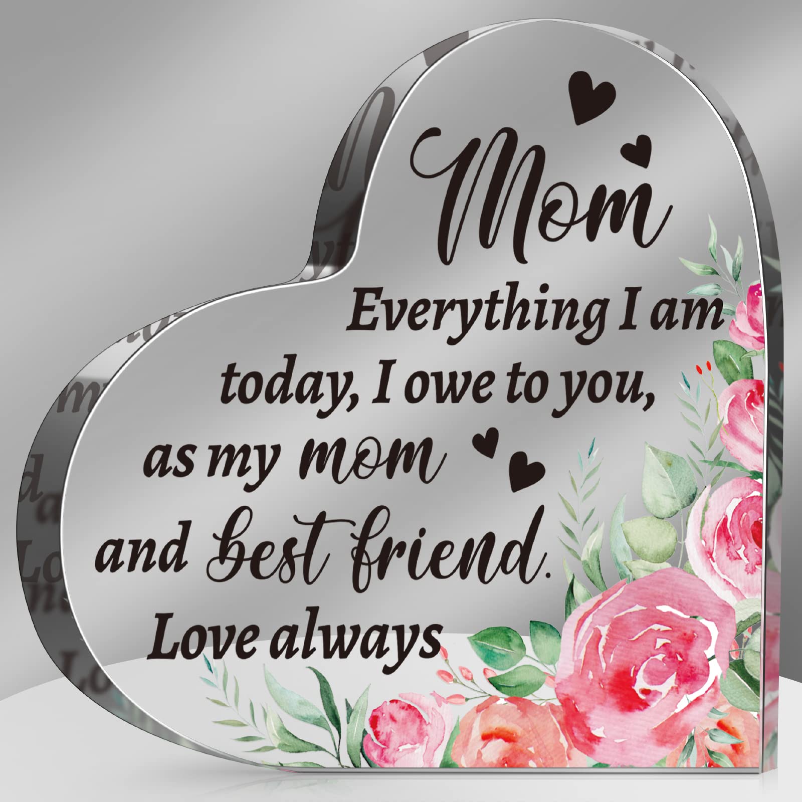 Gift for Mom from Daughter Son Christmas Acrylic Heart Shaped Block for Moms Bonus Heart Plaque Sign for Grateful MotherS Day Bi