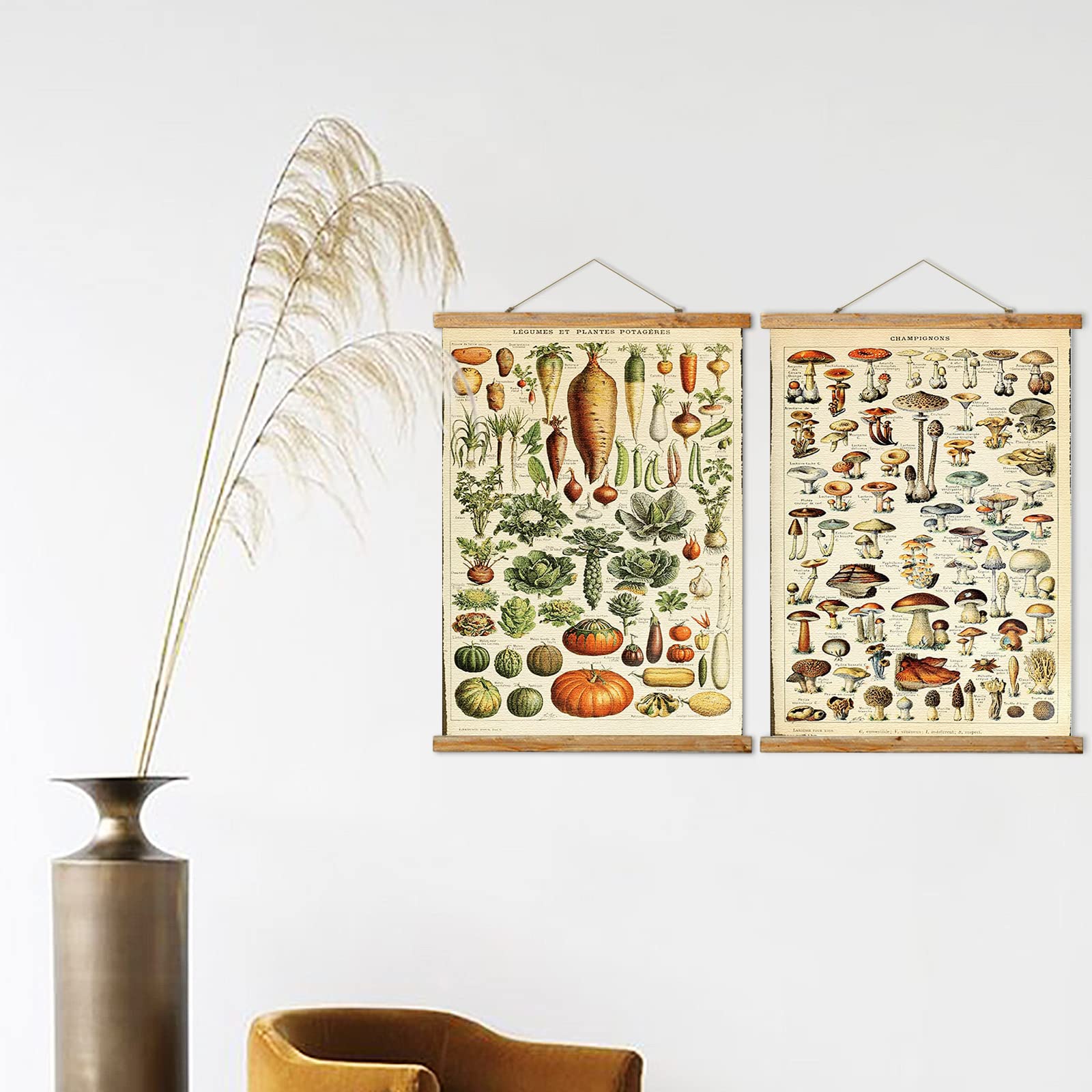 Ovfovy Vintage Mushroom And Vegetable Poster Hanger Frame, Retro Style Wall Art Prints, Printed On Linen With Natural Wooden Fra