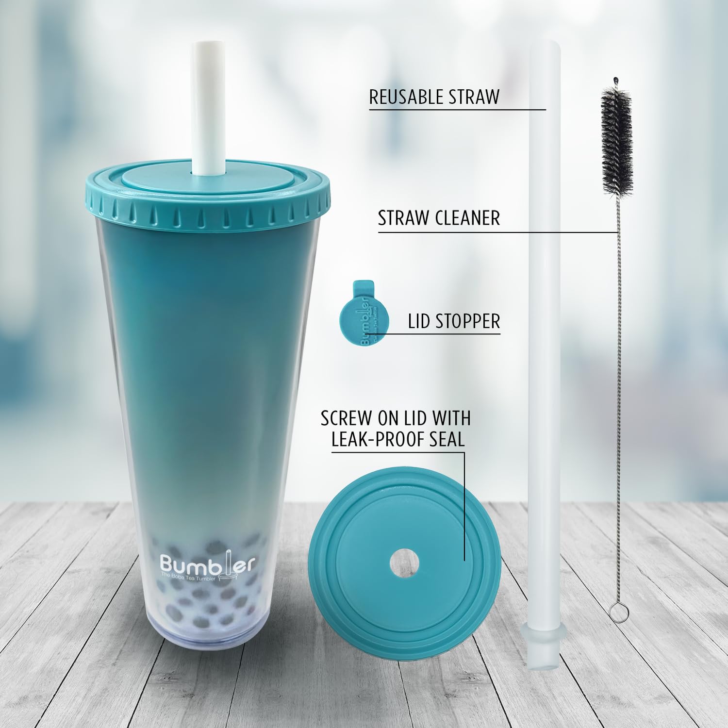BUMBLER Original Boba Tea Tumbler - Teal - SMOOTHFlow Wide Smoothie Straw & Plug - Upgraded Durability - Keeps Drinks Cold/Hot - 2x Vacuum Insulated Pearl Milk Bubble Tea Cup - 24 Oz Tumbler