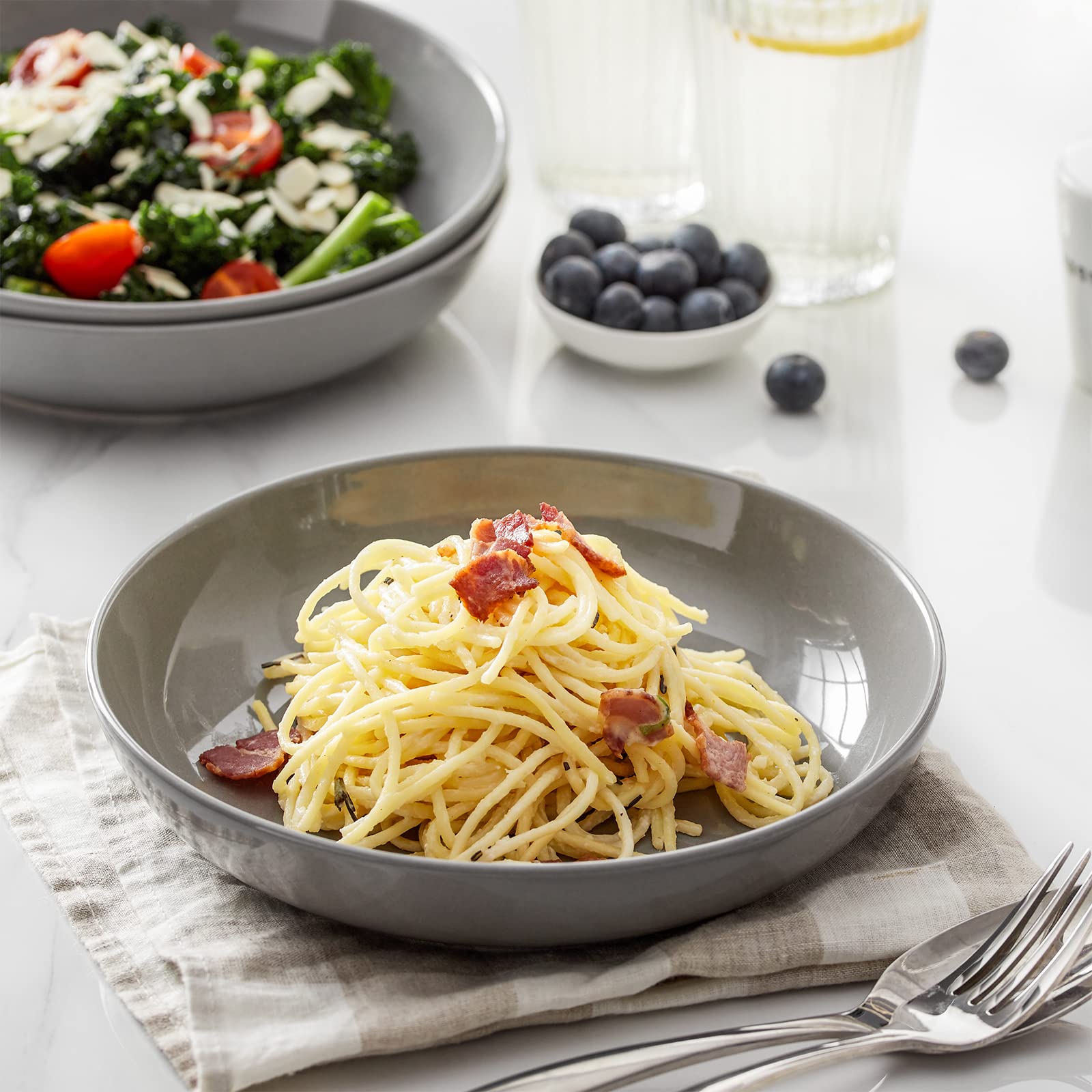 Y YHY Pasta Bowls 32 oz  8.5'' Salad Bowls Set of 4  Large Pasta Serving Bowl Set  Ceramic  Shallow Dinner Bowls Entree Bowls  Microwave & Dishwasher Safe  Grey