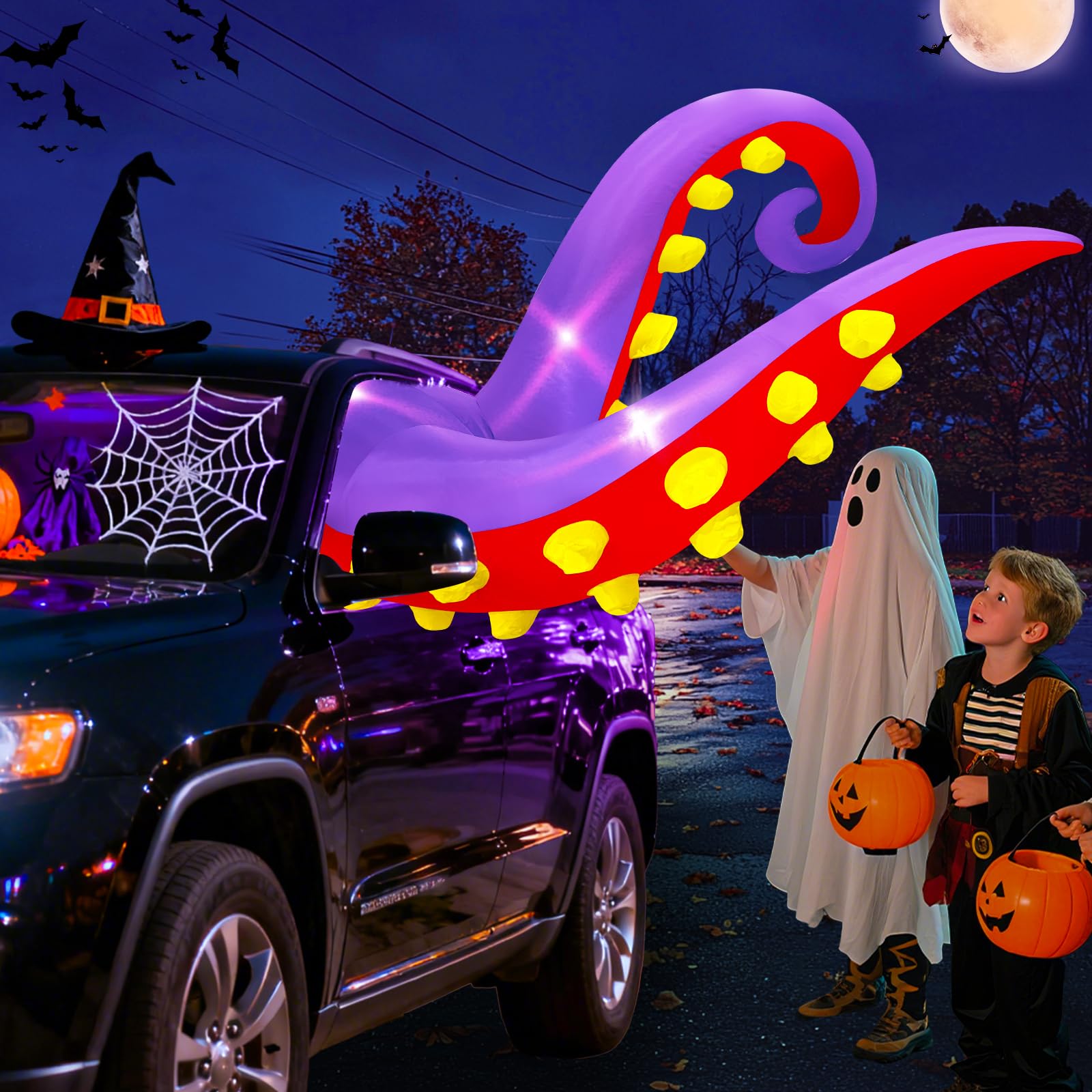 4.5 FT Halloween Inflatable Trunk or Treat Car Decorations Octopus Tentacles Broke Out from Car Window with 3 Built-in LEDs Ligh