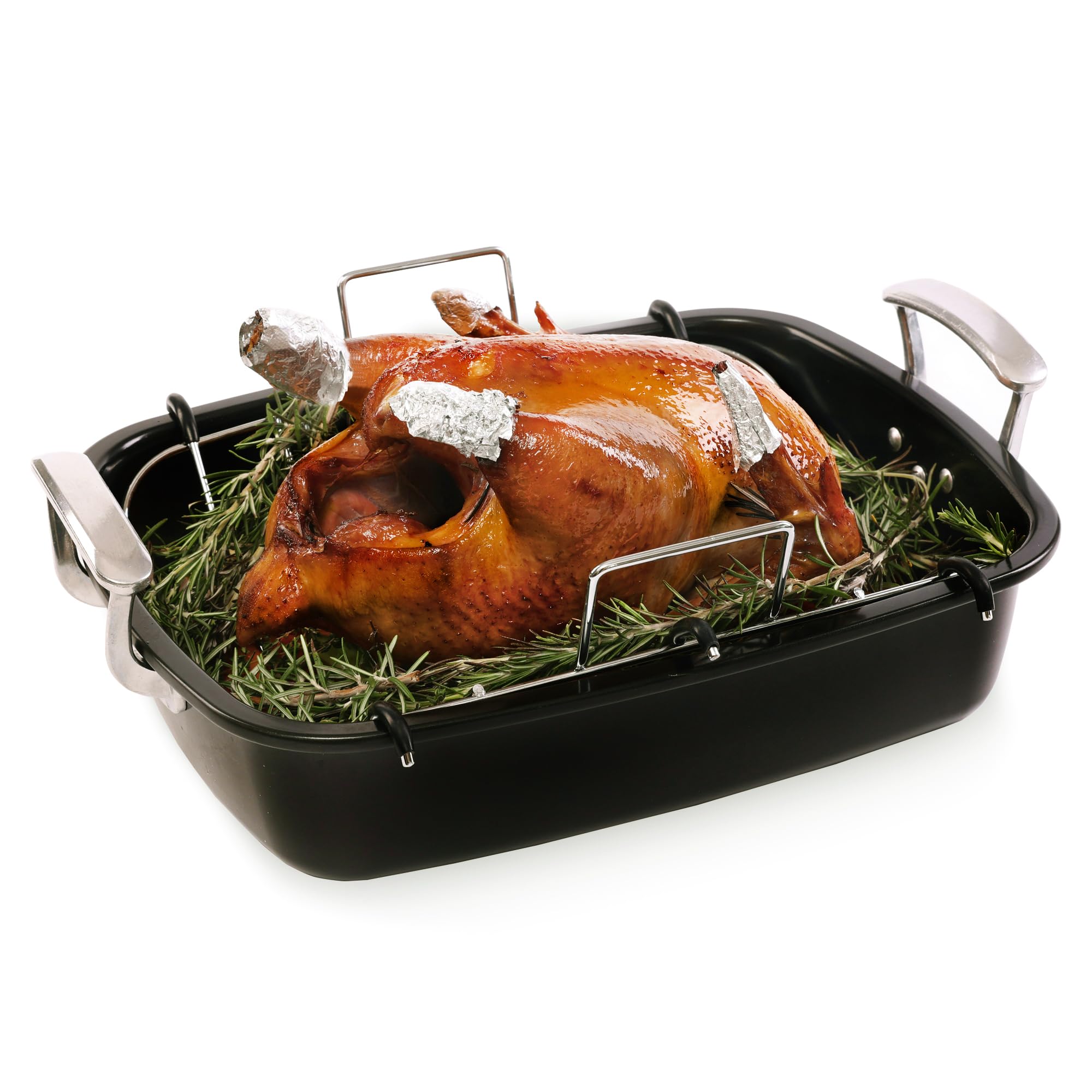 Uukrave Turkey Roasting Pan With Rack (U-Shaped), Extra Large 18.5 X 14.7 Inch Nonstick Roaster Pan For 25 Lb Turkey Or Chicken,