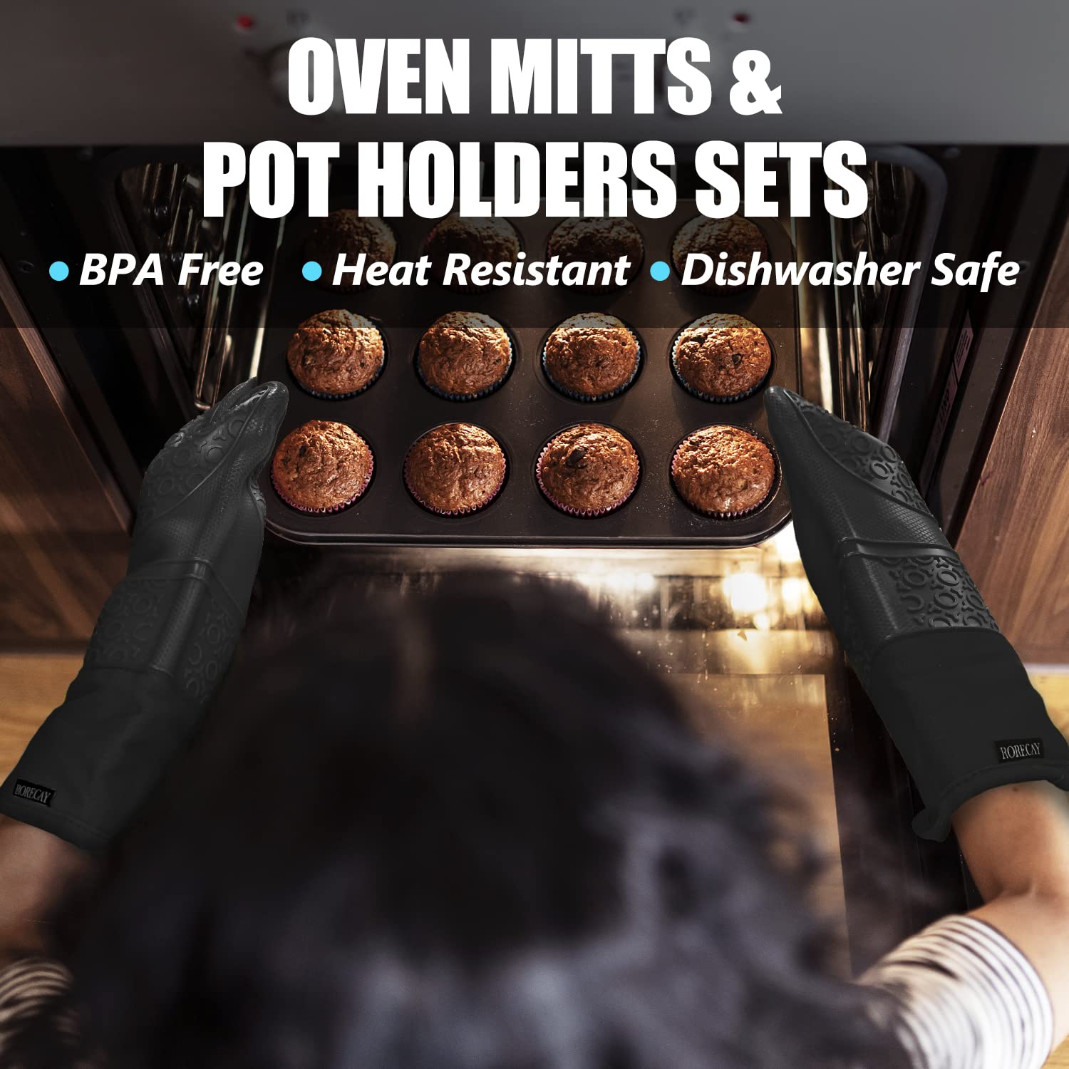 Rorecay Extra Long Oven Mitts And Pot Holders Sets: Heat Resistant Silicone Mittens With Mini Gloves Hot Pads Potholders For Kit